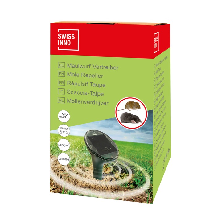 Dispozitiv cu ultrasunete pentru alungarea cartitelor, incarcare solara, Swissinno Ultrasonic Solar Mole Repeller, 650 mp