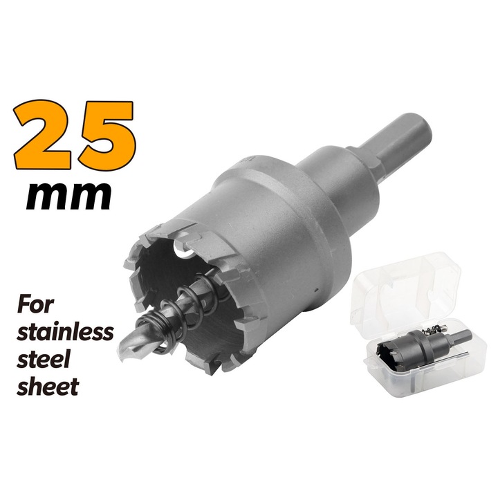 Carota metal TOLSEN 25 mm cu vidia, varf din carburi speciale, taiere cu strat triplu anti-crapare, pentru inox si otel, compatibila cu masini de gaurit portabile si tip stalp