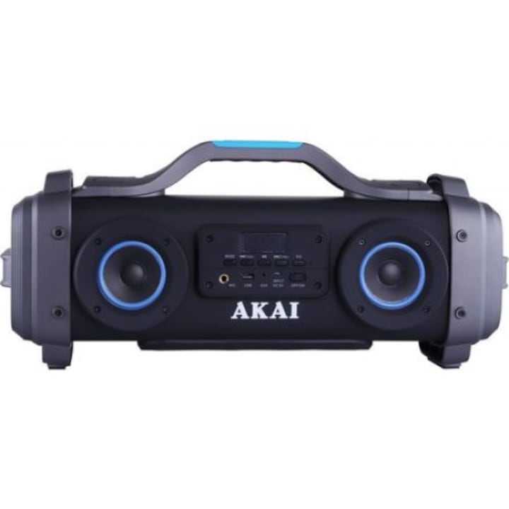 Тонколона AKAI, Четири супер бластер високоговорителя, Функция за караоке, Bluetooth, USB порт, 3,5 мм Aux вход, Акумулаторна батерия, Черен
