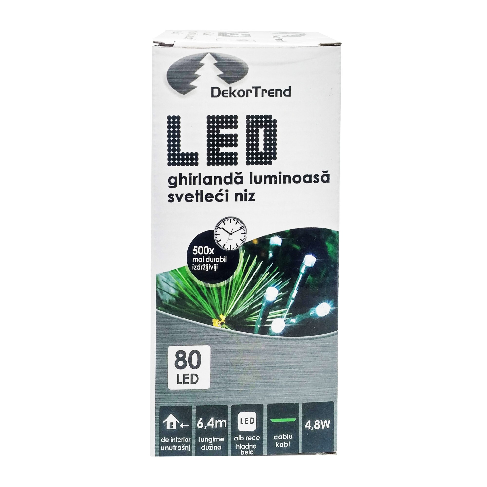 Ghirlanda luminoasa DekorTrend, KDL 082, 80 LEDuri, circumferinta 6,4m, alb rece, cablu verde, cu cablu de alimentare 1,5m, interior