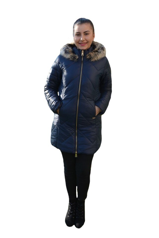 Jacheta moderna Anya ,lunga cu gluga detasabila,D&J Exclusive,bleumarin, Albastru marin