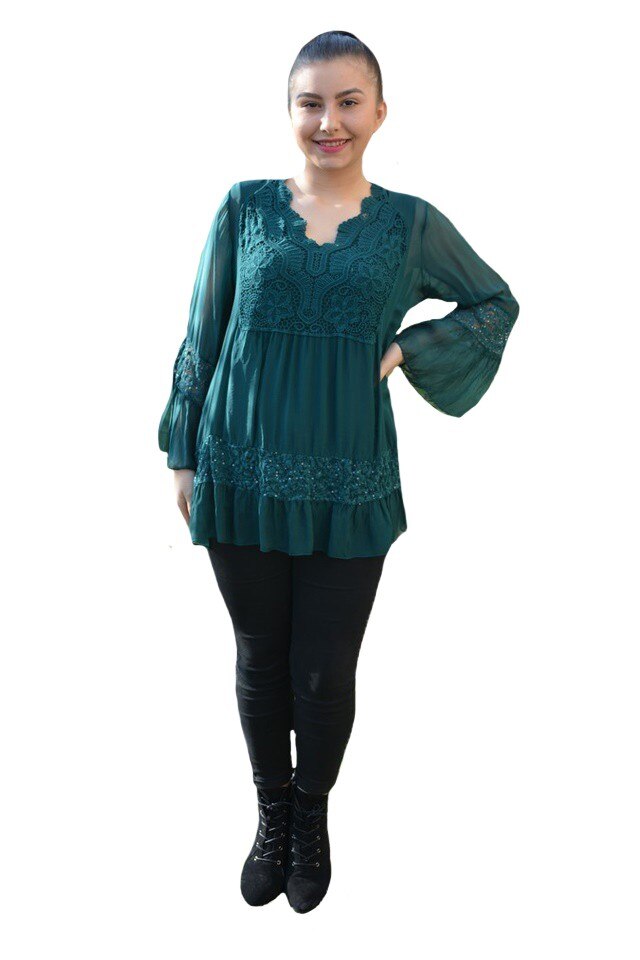 Bluza Amalia ,insertii de broderie si decolteu in V ,D&J Exclusive, Verde