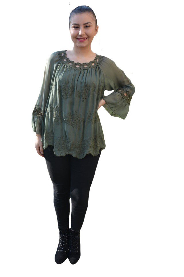 Bluza eleganta Medelyn ,insertii de broderie florala,D&J Exclusive, Kaki