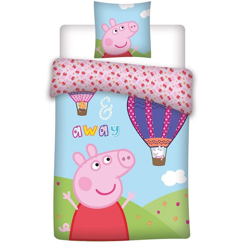 Set lenjerie de pat pentru copii, Peppa Pig Up&Away , Husa pilota 100x135 cm, Husa perna 40x60 cm, Bumbac 100%, Multicolor