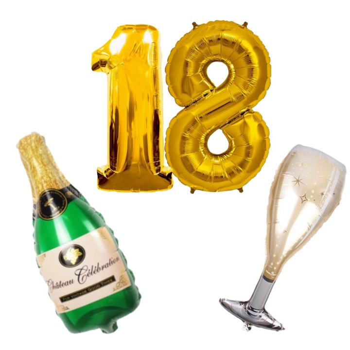 Set Baloane Majorat 18 ani aurii, figurina pahar si figurina sampanie