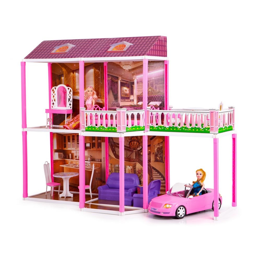 Casuta pentru papusi, DREAM HOUSE, 2 niveluri, 4 camere, cu garaj si balcon, 2 papusi, masina decapotabila, 85 cm inaltime, multicolora
