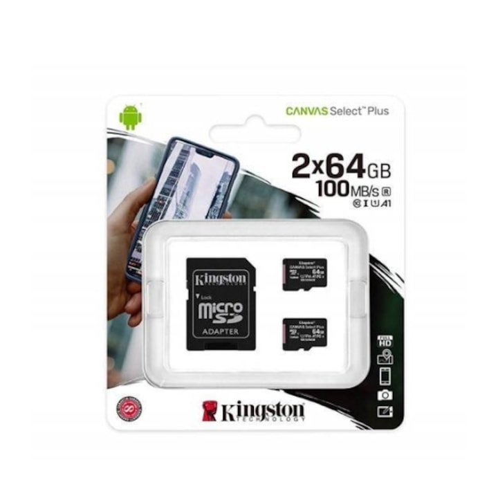 Set 2 carduri de memorie Kingston Canvas Select Plus Multi pack 2 x microSDHC 64GB, Class 10 UHS-I