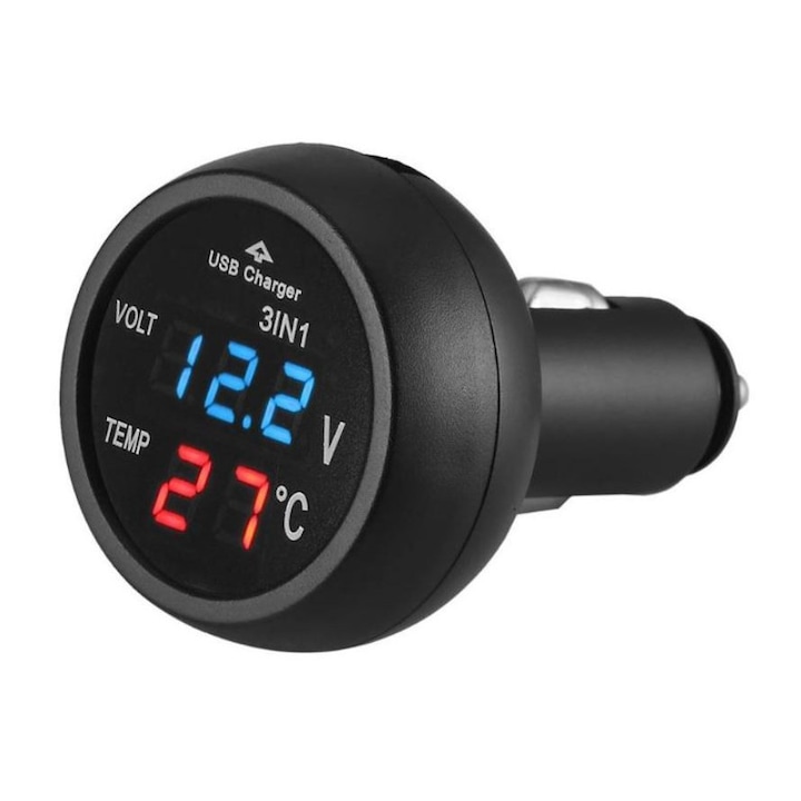 Techstar USB-s autós töltő, voltmérővel és LCD digitális hőmérővel, szivargyújtó csatlakozás 12 / 24V, fekete