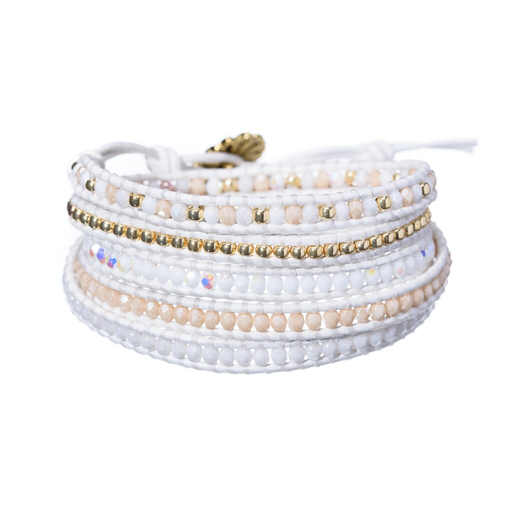 Bratara femei din piele si cristale, Solar White, marimea XL