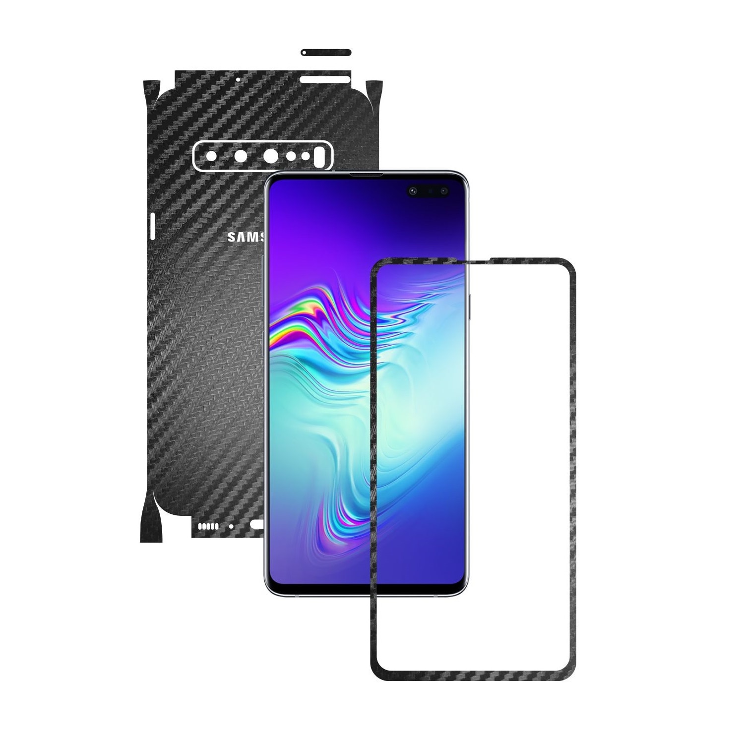 Folie Protectie Carbon Skinz pentru Samsung Galaxy S10 5G - Carbon Negru 360 Cut, Skin Adeziv Full Body Cover pentru Rama Ecran, Carcasa Spate si Laterale