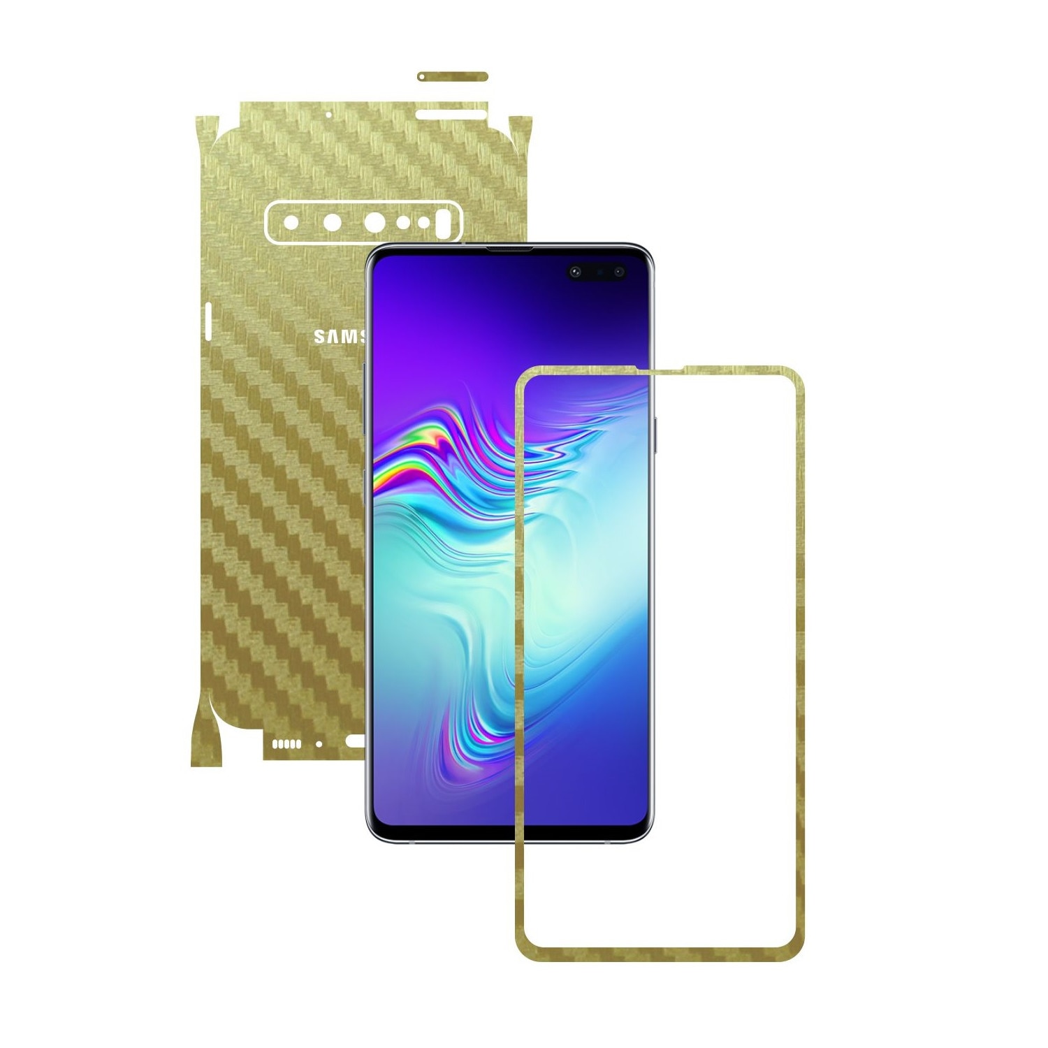Folie Protectie Carbon Skinz pentru Samsung Galaxy S10 5G - Carbon Auriu 360 Cut, Skin Adeziv Full Body Cover pentru Rama Ecran, Carcasa Spate si Laterale