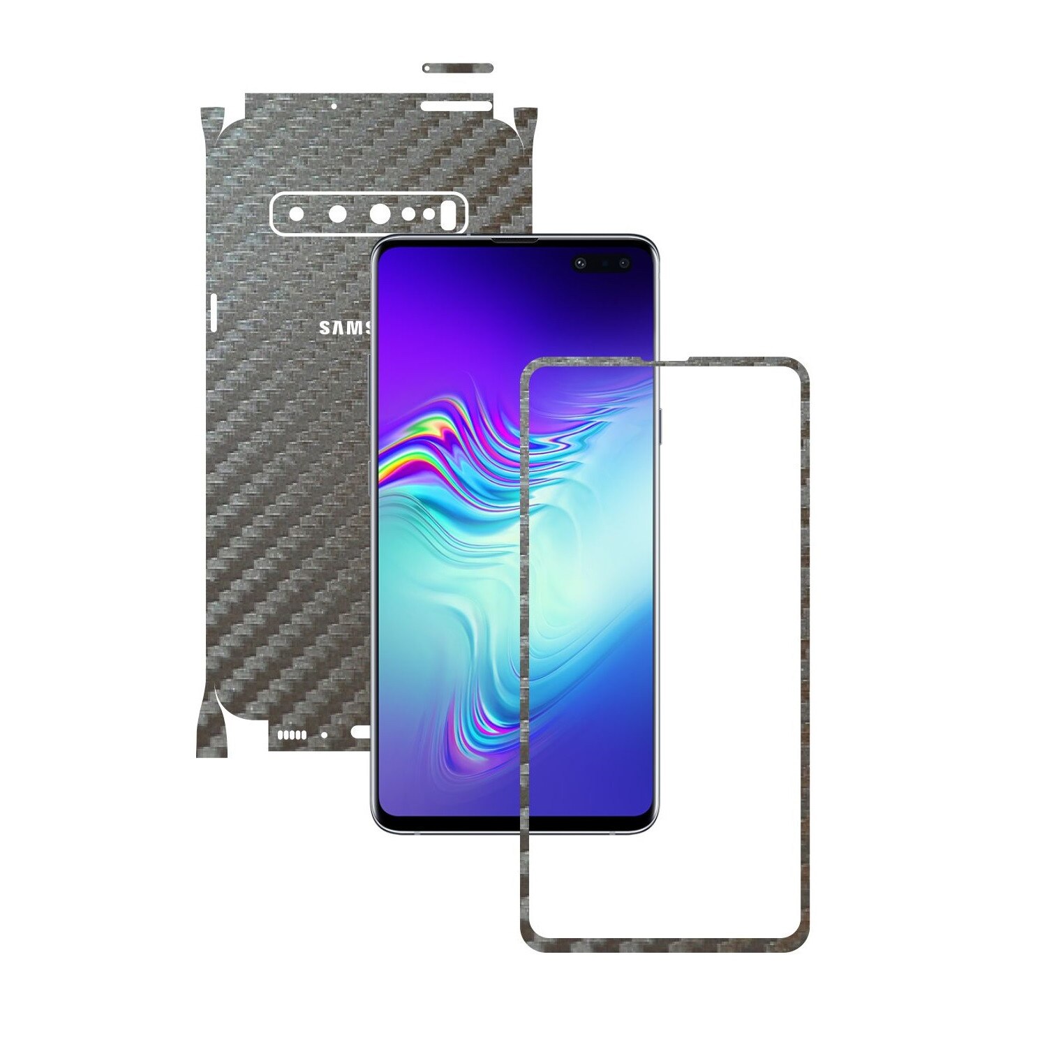 Folie Protectie Carbon Skinz pentru Samsung Galaxy S10 5G - Carbon Gri Argintiu 360 Cut, Skin Adeziv Full Body Cover pentru Rama Ecran, Carcasa Spate si Laterale