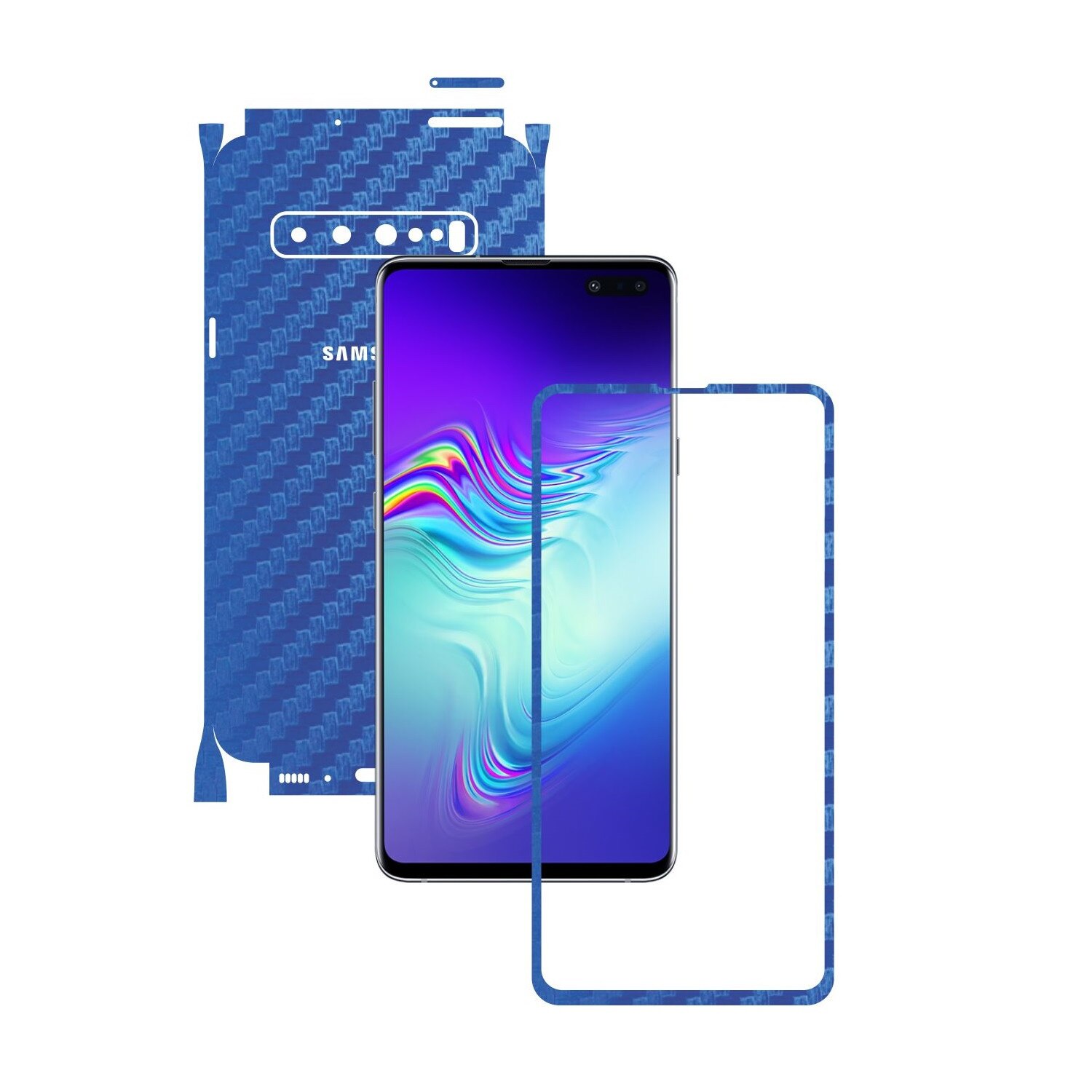 Folie Protectie Carbon Skinz pentru Samsung Galaxy S10 5G - Carbon Albastru 360 Cut, Skin Adeziv Full Body Cover pentru Rama Ecran, Carcasa Spate si Laterale
