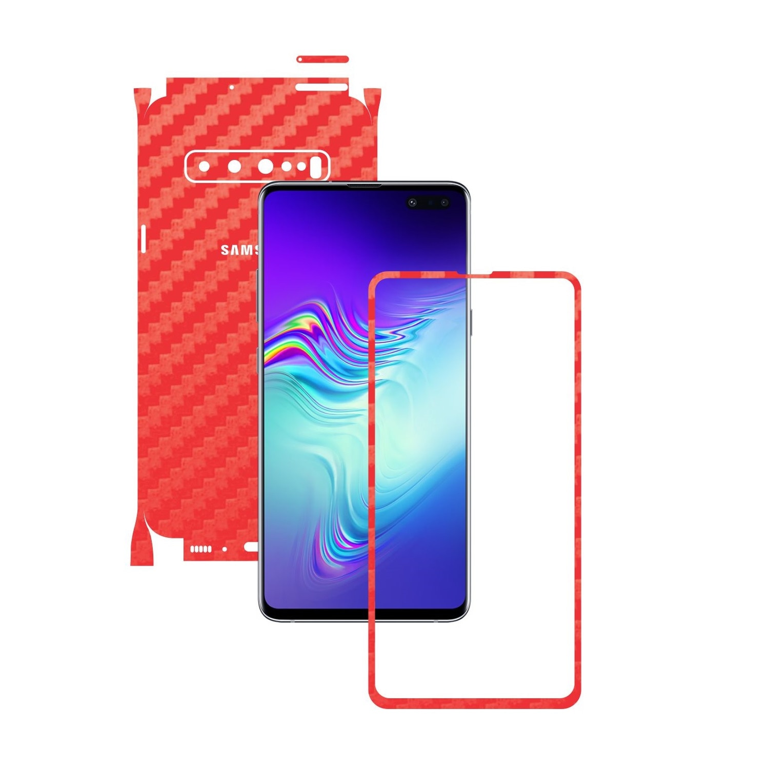 Folie Protectie Carbon Skinz pentru Samsung Galaxy S10 5G - Carbon Rosu 360 Cut, Skin Adeziv Full Body Cover pentru Rama Ecran, Carcasa Spate si Laterale