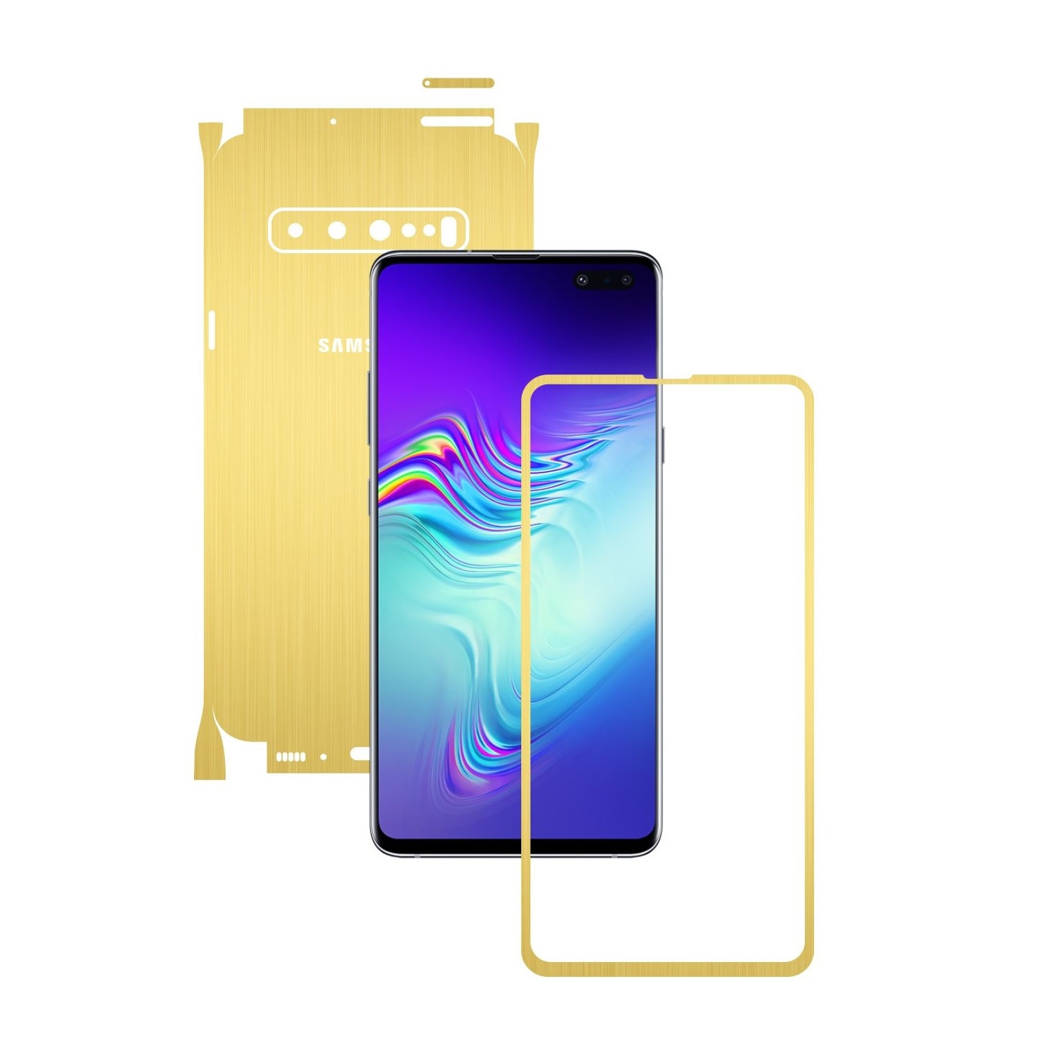 Folie Protectie Carbon Skinz pentru Samsung Galaxy S10 5G - Brushed Auriu 360 Cut, Skin Adeziv Full Body Cover pentru Rama Ecran, Carcasa Spate si Laterale