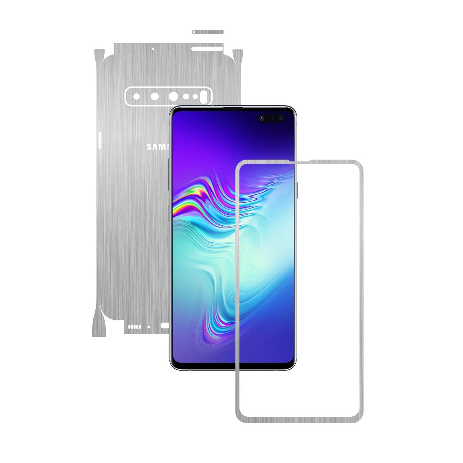 Folie Protectie Carbon Skinz pentru Samsung Galaxy S10 5G - Brushed Argintiu 360 Cut, Skin Adeziv Full Body Cover pentru Rama Ecran, Carcasa Spate si Laterale