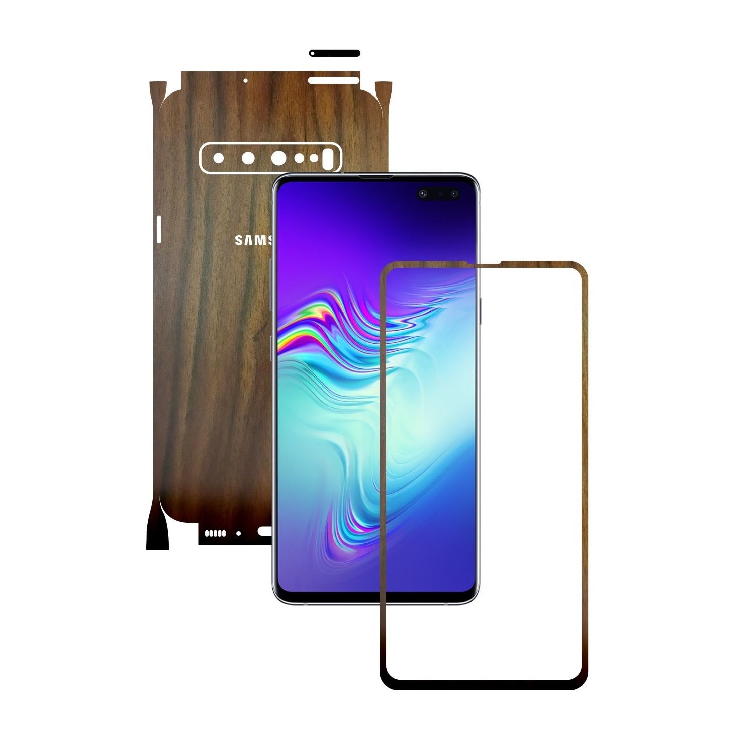 Folie Protectie Carbon Skinz pentru Samsung Galaxy S10 5G - Lemn Nuc 360 Cut, Skin Adeziv Full Body Cover pentru Rama Ecran, Carcasa Spate si Laterale