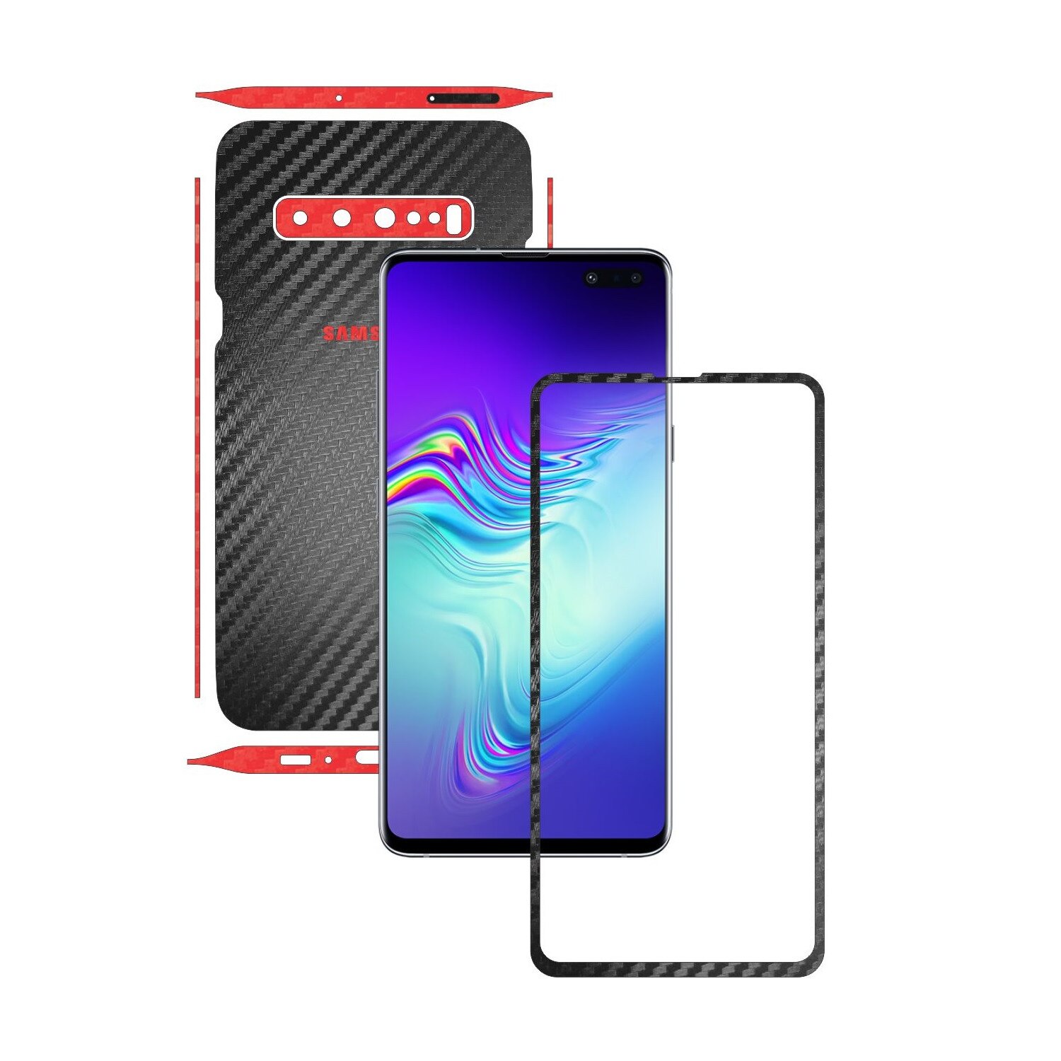 Folie Protectie Carbon Skinz pentru Samsung Galaxy S10 5G - Carbon Two Tone Negru / Rosu, Skin Adeziv Full Body Cover pentru Rama Ecran, Carcasa Spate si Laterale