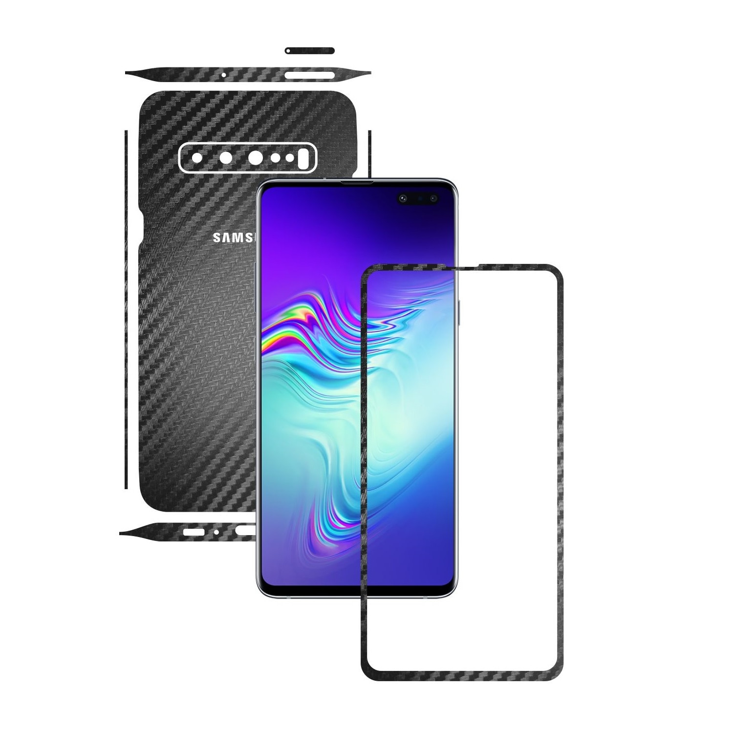 Folie Protectie Carbon Skinz pentru Samsung Galaxy S10 5G - Carbon Negru Split Cut, Skin Adeziv Full Body Cover pentru Rama Ecran, Carcasa Spate si Laterale