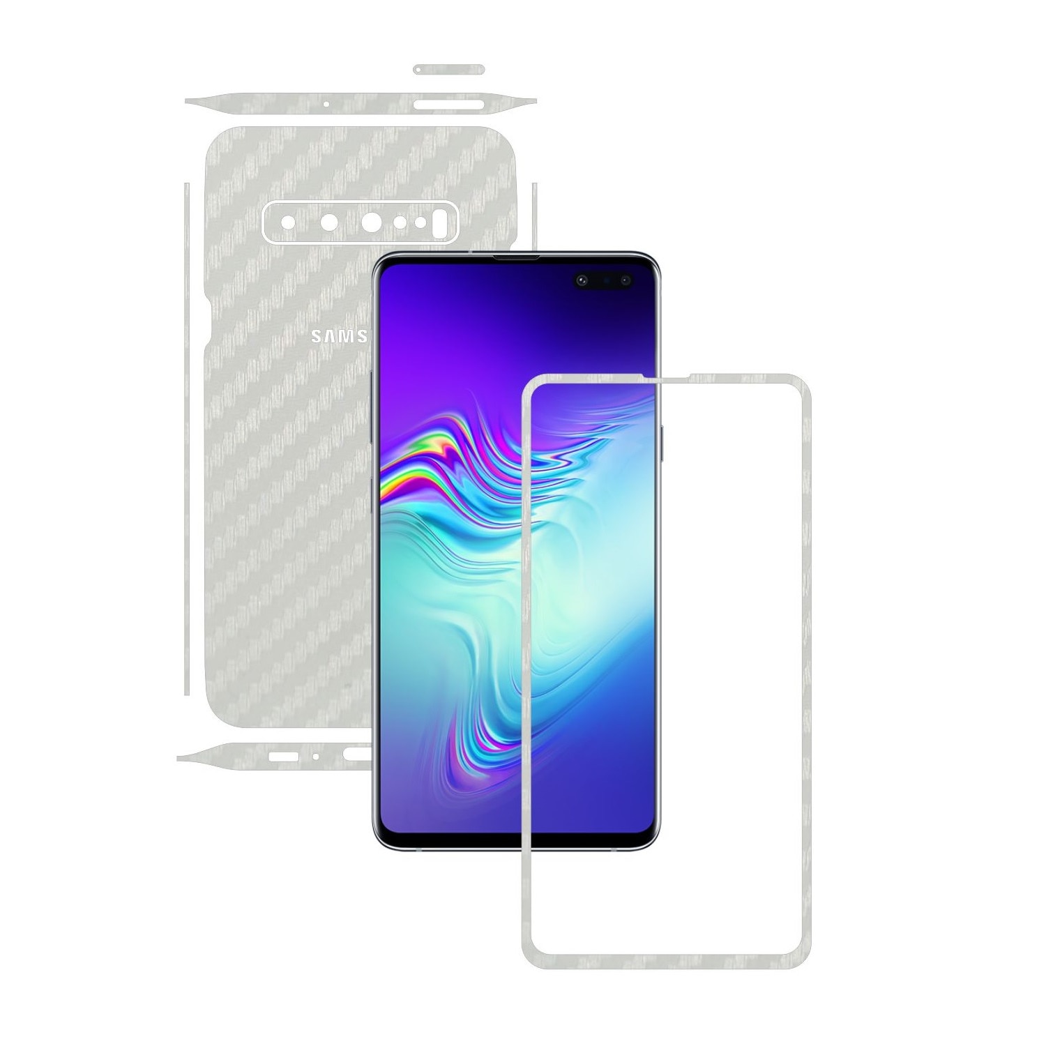 Folie Protectie Carbon Skinz pentru Samsung Galaxy S10 5G - Carbon Alb Split Cut, Skin Adeziv Full Body Cover pentru Rama Ecran, Carcasa Spate si Laterale