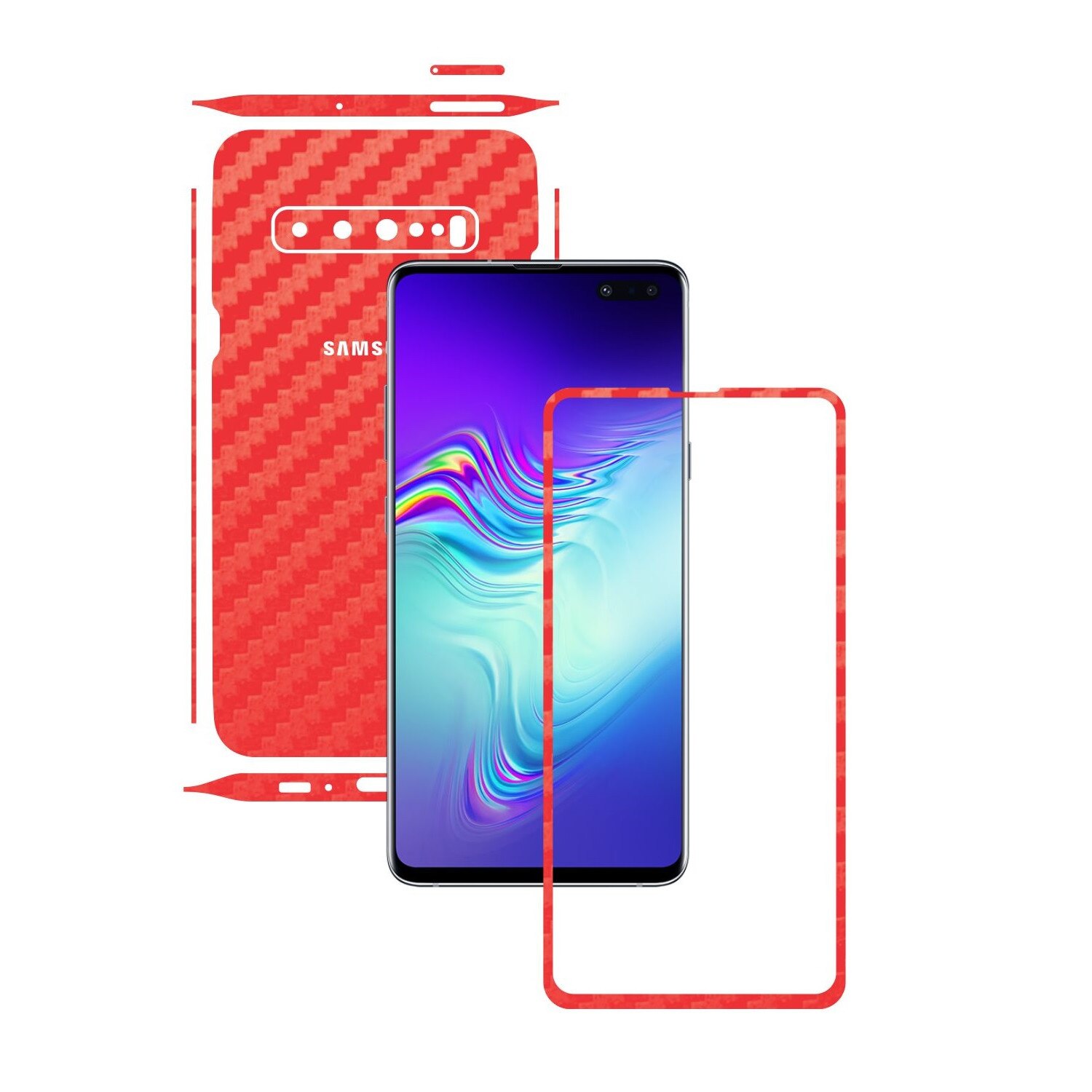 Folie Protectie Carbon Skinz pentru Samsung Galaxy S10 5G - Carbon Rosu Split Cut, Skin Adeziv Full Body Cover pentru Rama Ecran, Carcasa Spate si Laterale
