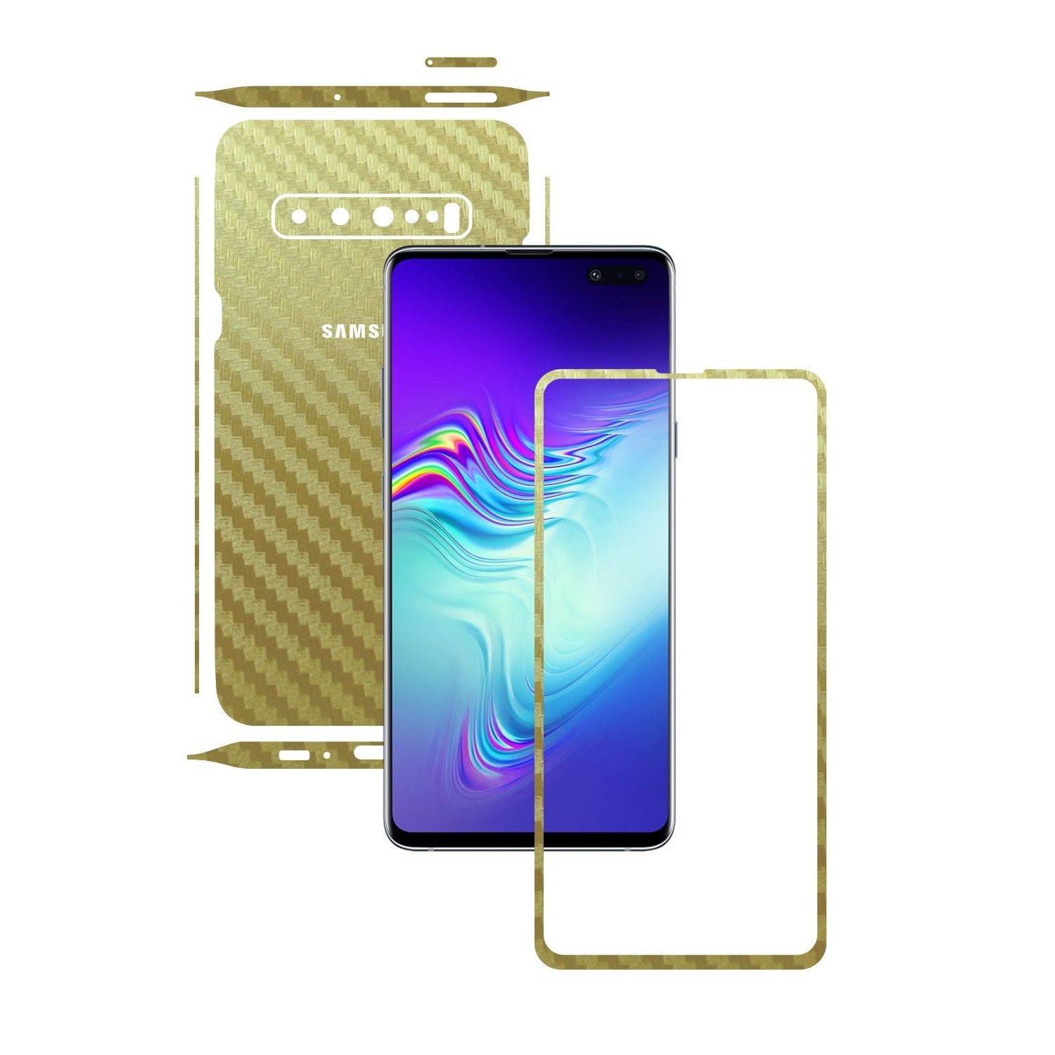 Folie Protectie Carbon Skinz pentru Samsung Galaxy S10 5G - Carbon Auriu Split Cut, Skin Adeziv Full Body Cover pentru Rama Ecran, Carcasa Spate si Laterale