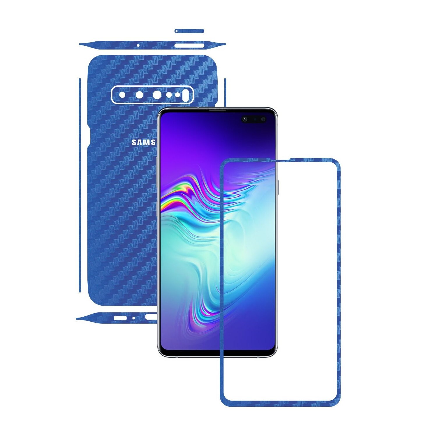 Folie Protectie Carbon Skinz pentru Samsung Galaxy S10 5G - Carbon Albastru Split Cut, Skin Adeziv Full Body Cover pentru Rama Ecran, Carcasa Spate si Laterale