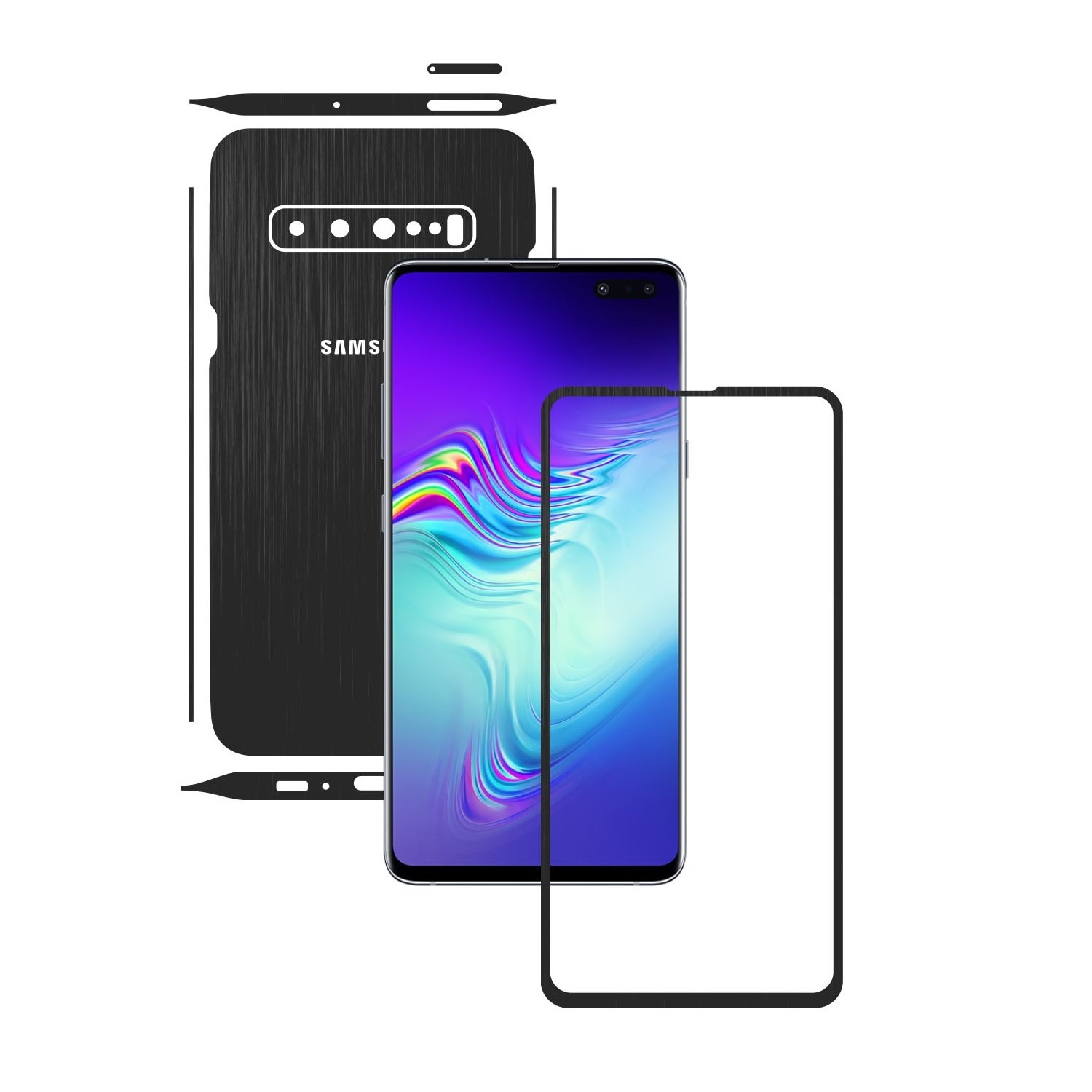 Folie Protectie Carbon Skinz pentru Samsung Galaxy S10 5G - Brushed Negru Split Cut, Skin Adeziv Full Body Cover pentru Rama Ecran, Carcasa Spate si Laterale