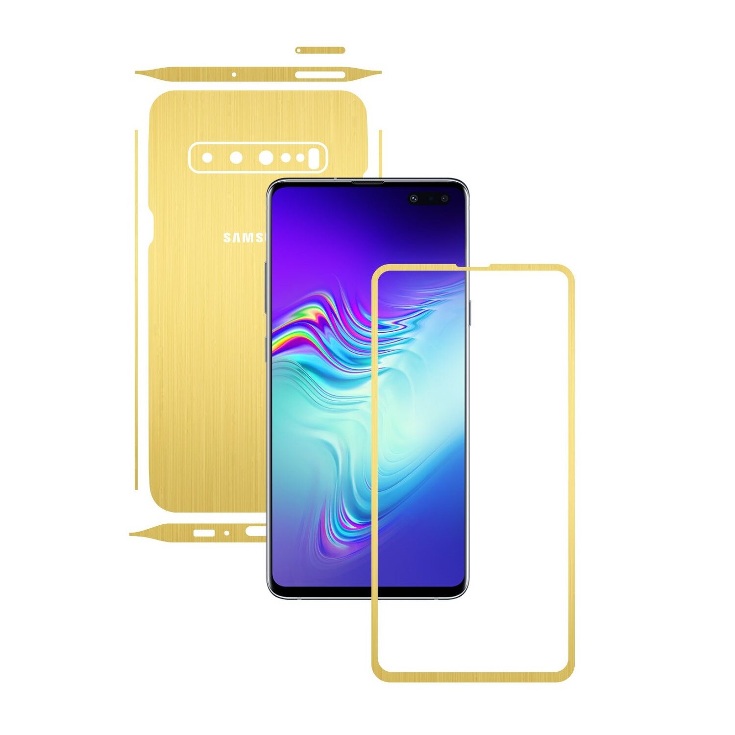 Folie Protectie Carbon Skinz pentru Samsung Galaxy S10 5G - Brushed Auriu Split Cut, Skin Adeziv Full Body Cover pentru Rama Ecran, Carcasa Spate si Laterale