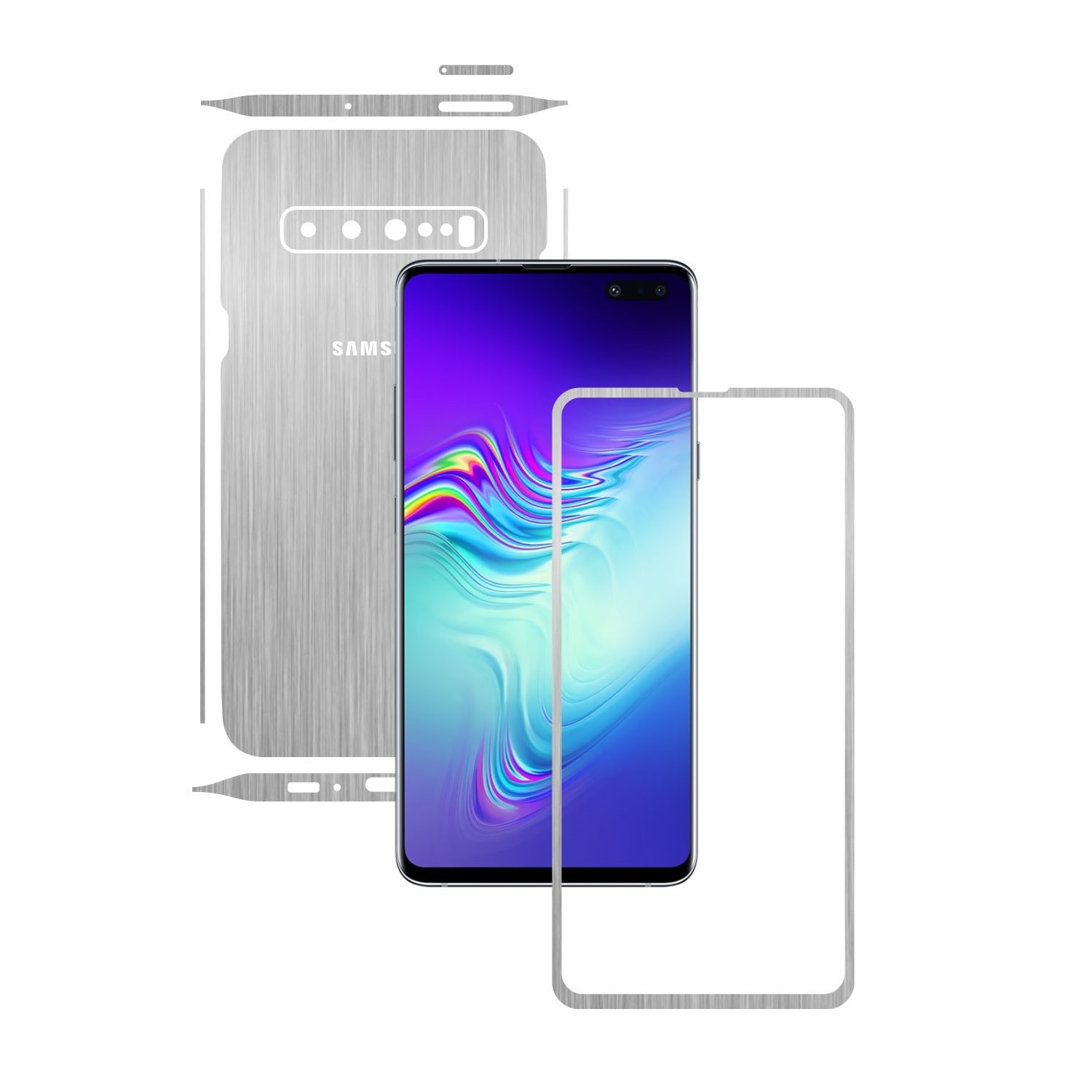 Folie Protectie Carbon Skinz pentru Samsung Galaxy S10 5G - Brushed Argintiu Split Cut, Skin Adeziv Full Body Cover pentru Rama Ecran, Carcasa Spate si Laterale