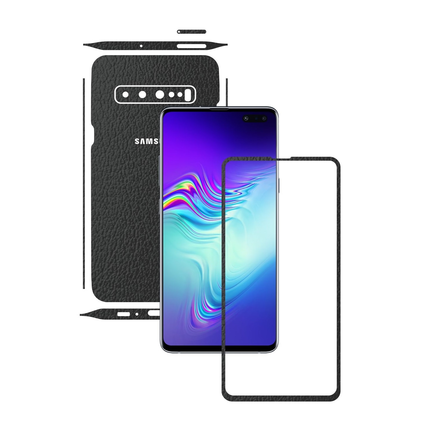 Folie Protectie Carbon Skinz pentru Samsung Galaxy S10 5G - Piele Neagra Split Cut, Skin Adeziv Full Body Cover pentru Rama Ecran, Carcasa Spate si Laterale