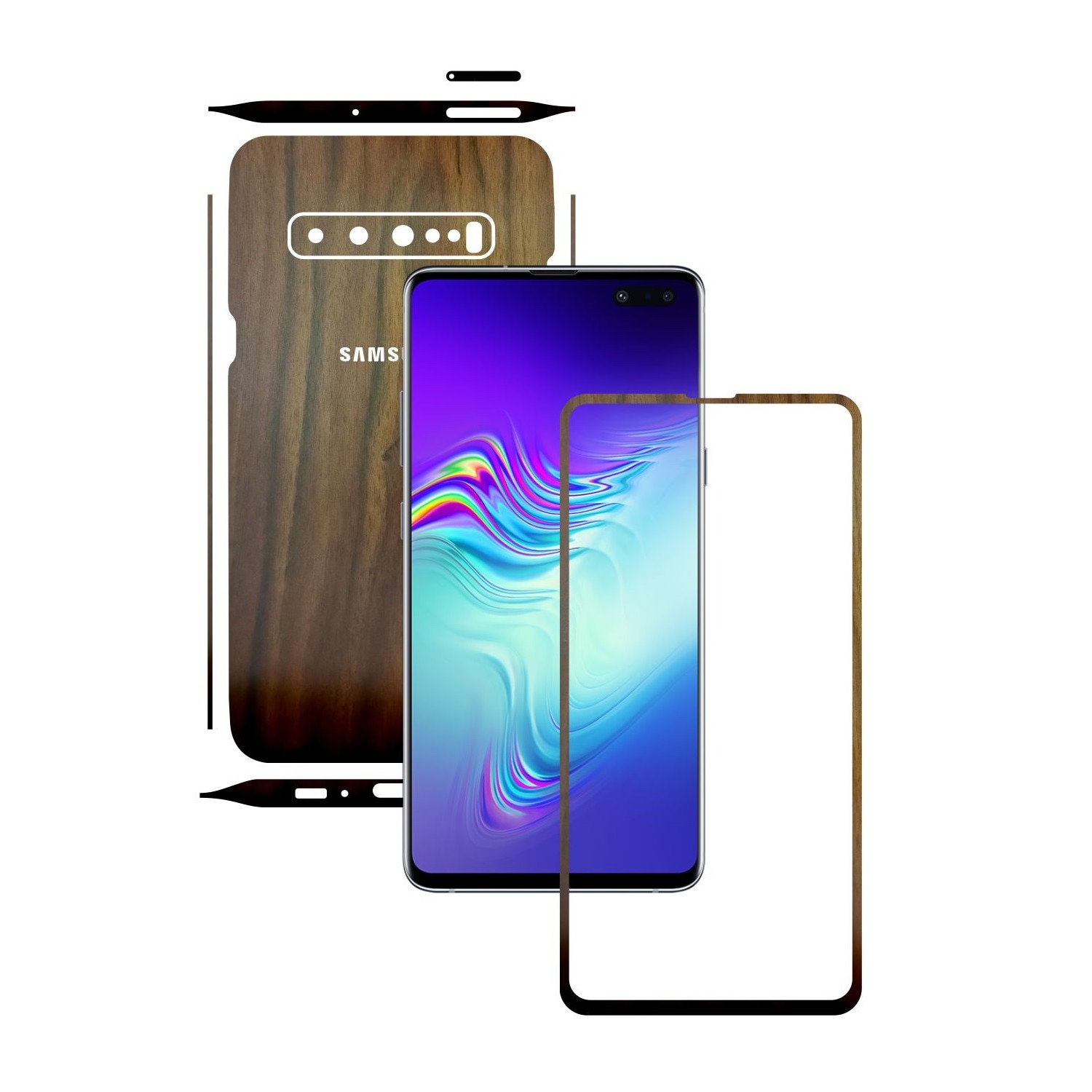 Folie Protectie Carbon Skinz pentru Samsung Galaxy S10 5G - Lemn Nuc Split Cut, Skin Adeziv Full Body Cover pentru Rama Ecran, Carcasa Spate si Laterale