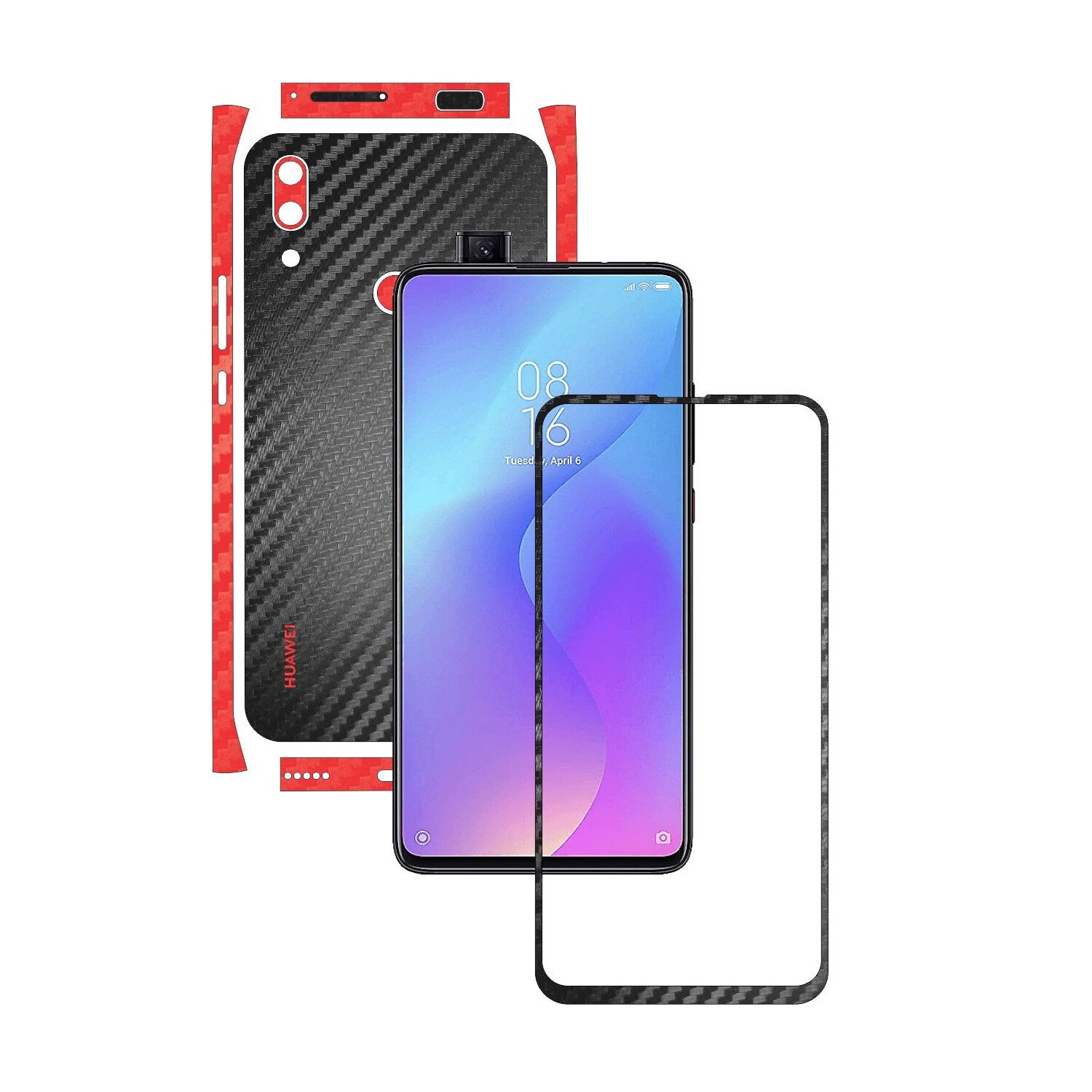 Folie Protectie Carbon Skinz pentru Huawei P Smart Z - Carbon Two Tone Negru / Rosu, Skin Adeziv Full Body Cover pentru Rama Ecran, Carcasa Spate si Laterale