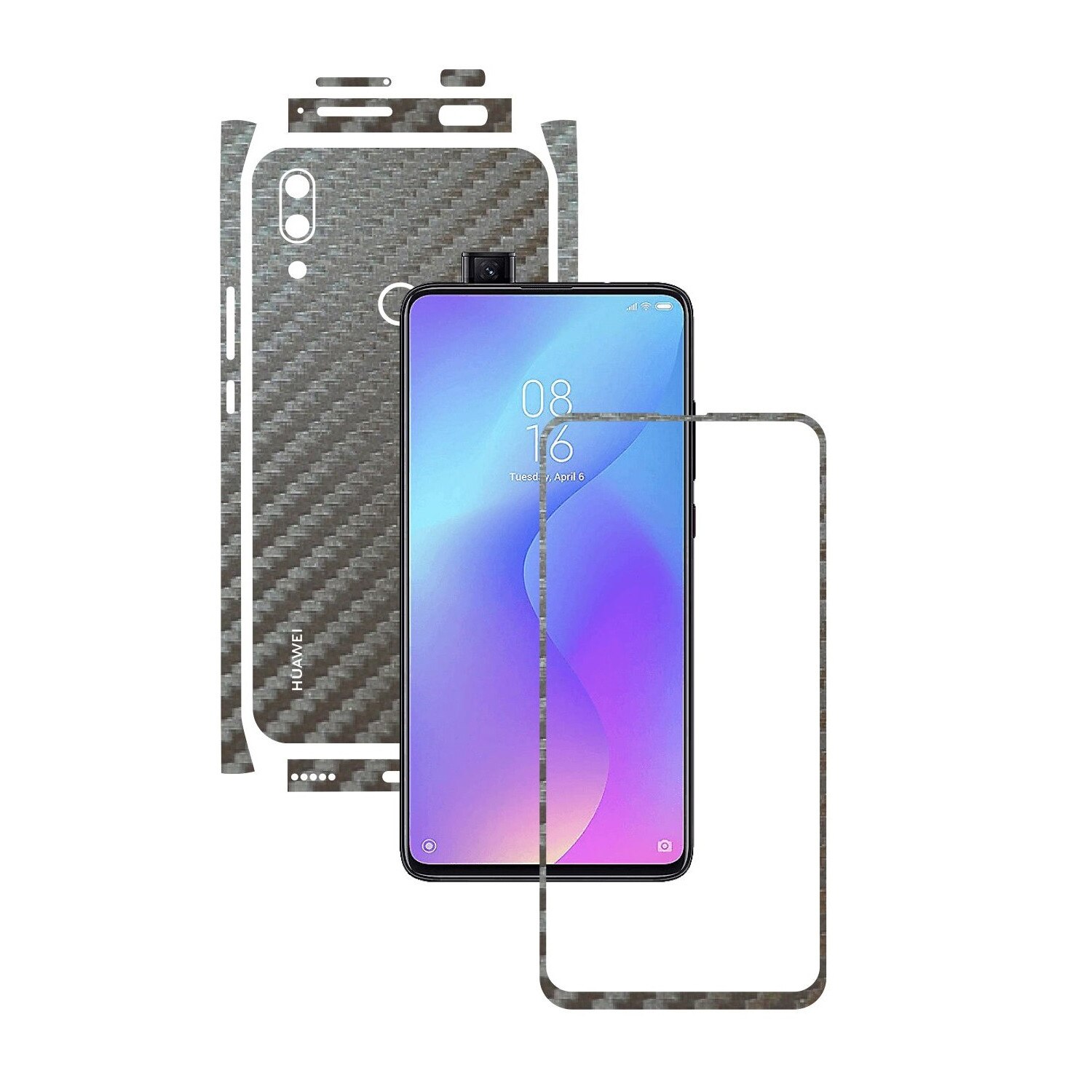 Folie Protectie Carbon Skinz pentru Huawei P Smart Z - Carbon Gri Argintiu Split Cut, Skin Adeziv Full Body Cover pentru Rama Ecran, Carcasa Spate si Laterale