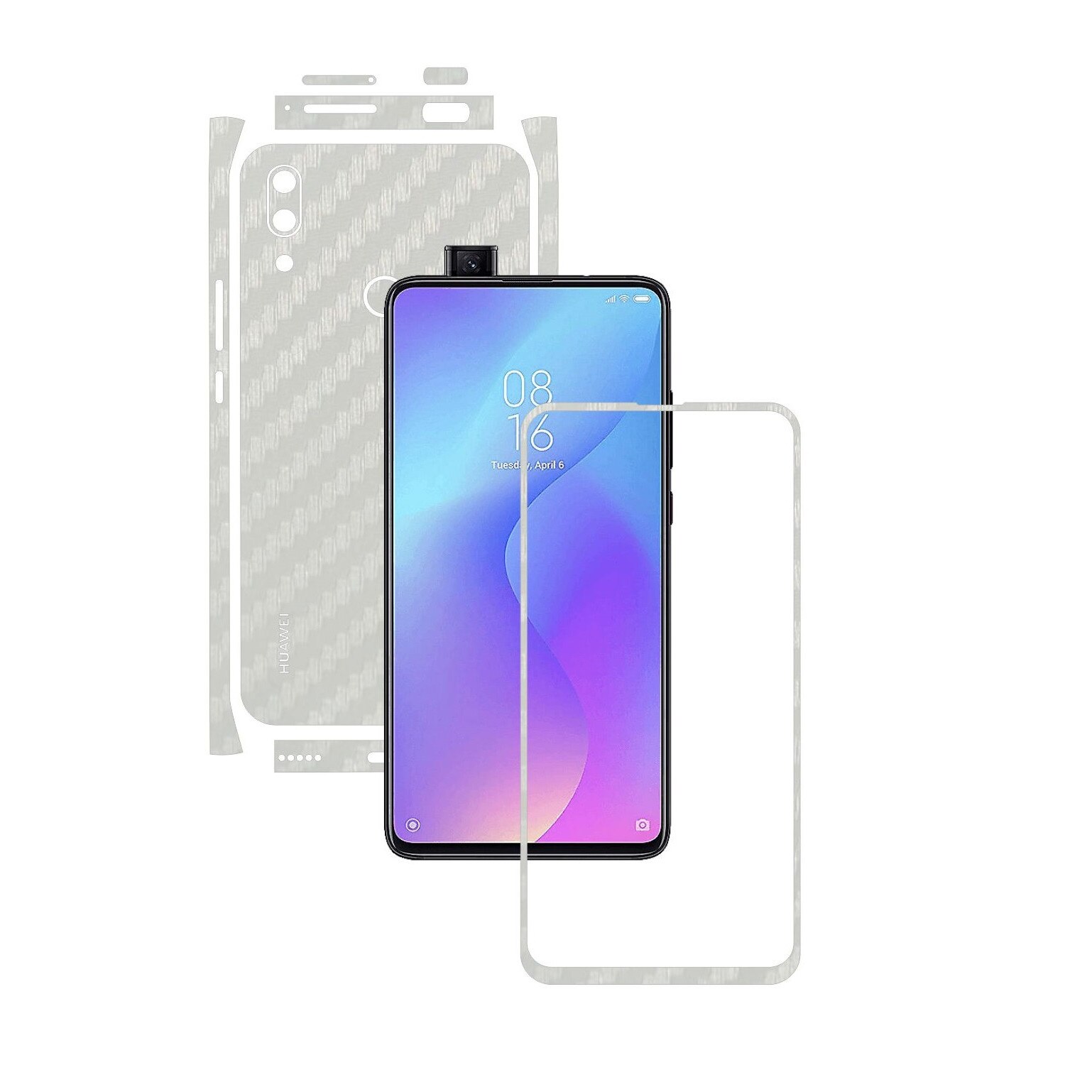 Folie Protectie Carbon Skinz pentru Huawei P Smart Z - Carbon Alb Split Cut, Skin Adeziv Full Body Cover pentru Rama Ecran, Carcasa Spate si Laterale