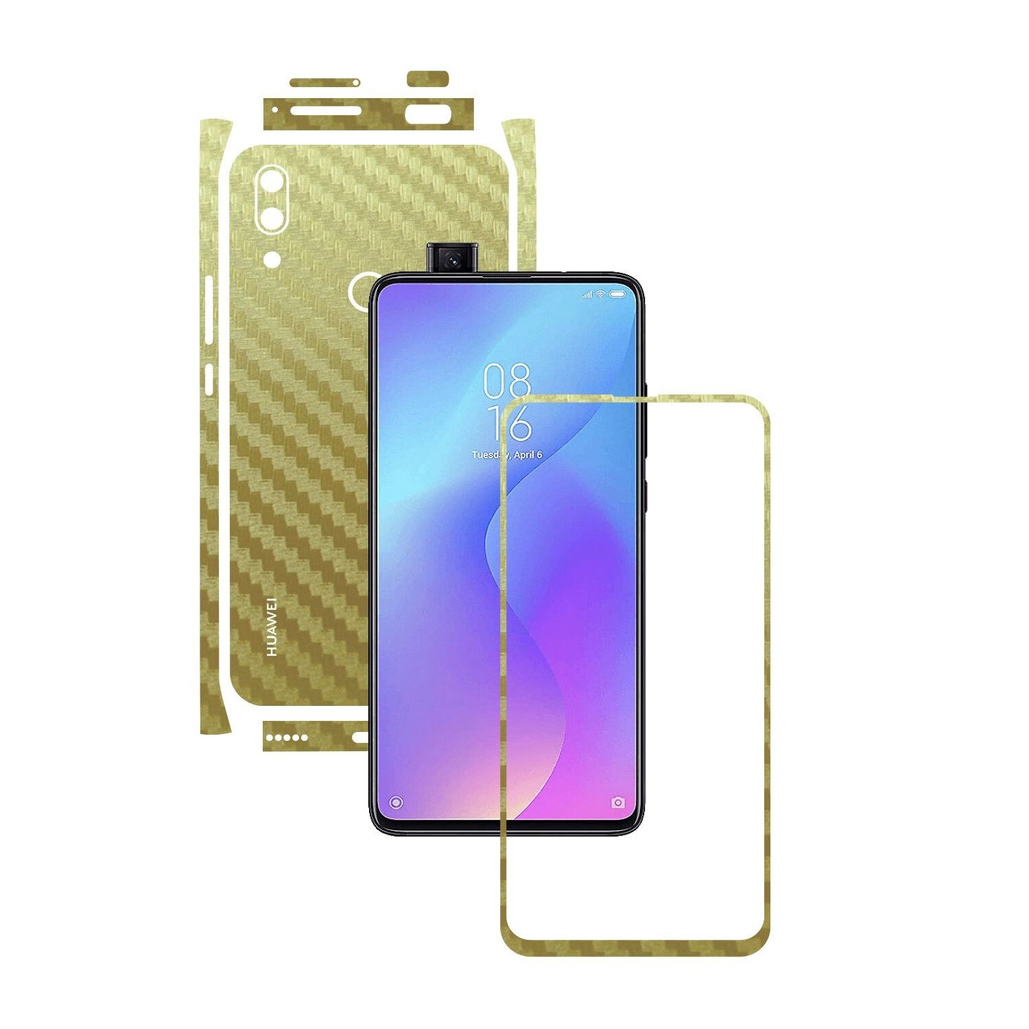 Folie Protectie Carbon Skinz pentru Huawei P Smart Z - Carbon Auriu Split Cut, Skin Adeziv Full Body Cover pentru Rama Ecran, Carcasa Spate si Laterale