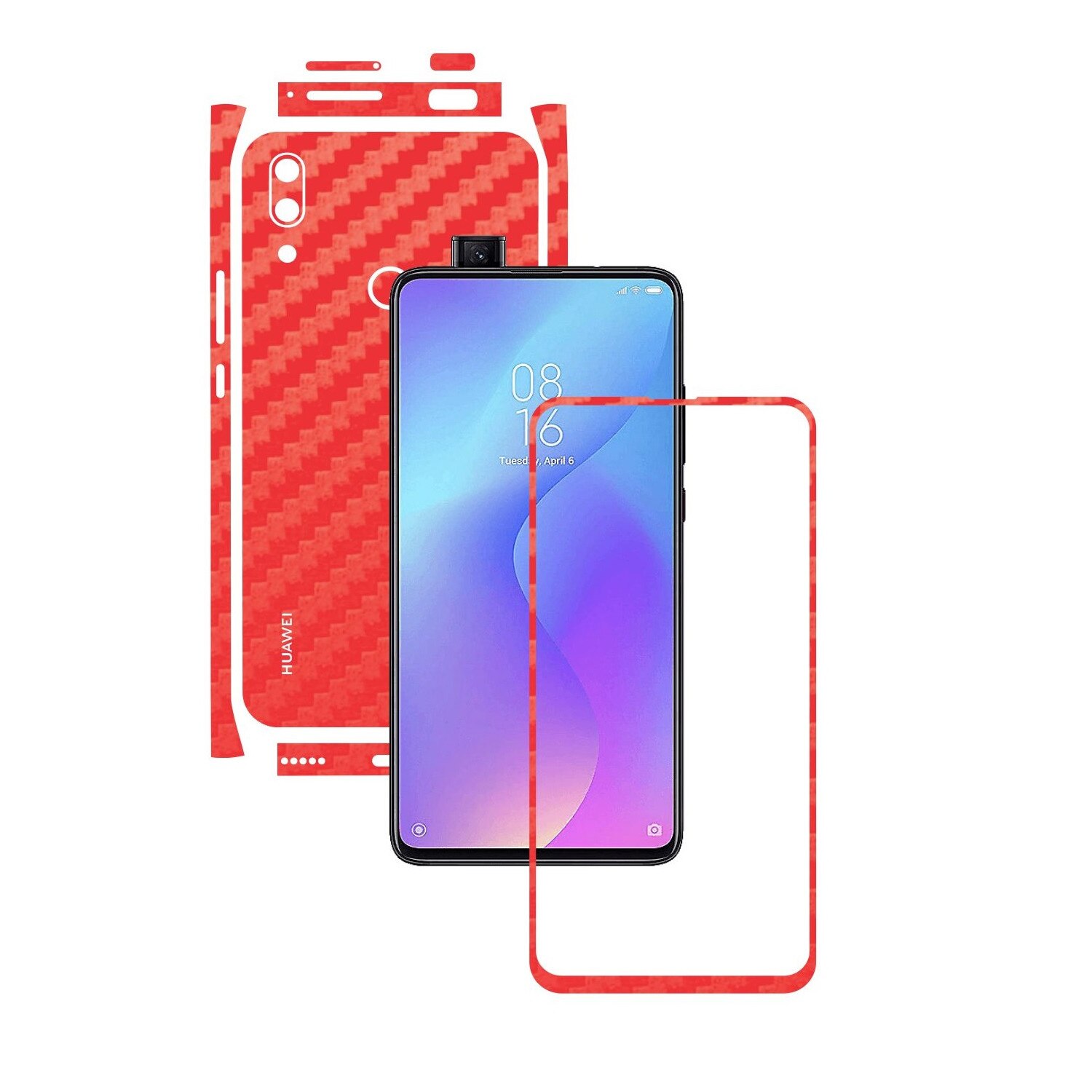 Folie Protectie Carbon Skinz pentru Huawei P Smart Z - Carbon Rosu Split Cut, Skin Adeziv Full Body Cover pentru Rama Ecran, Carcasa Spate si Laterale