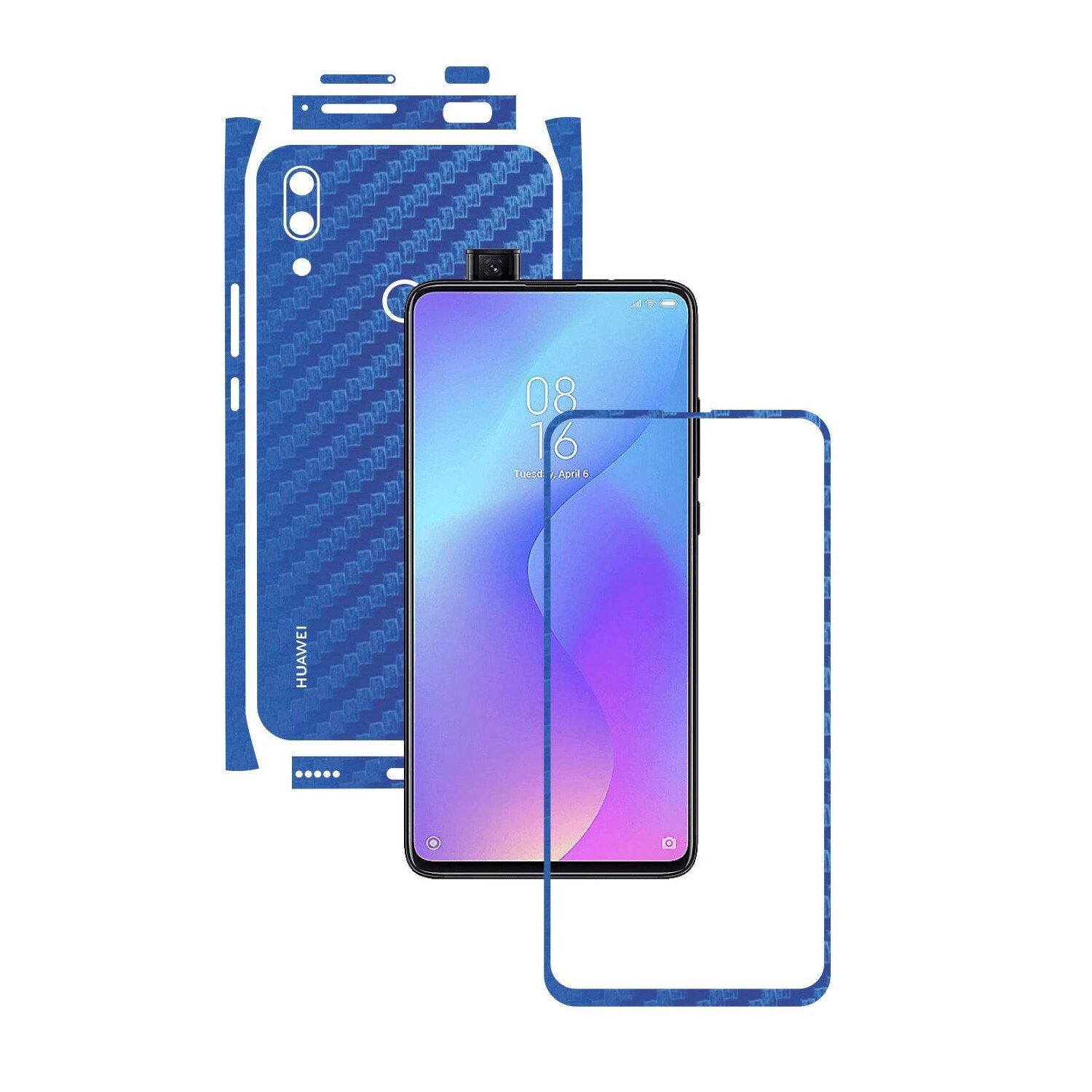 Folie Protectie Carbon Skinz pentru Huawei P Smart Z - Carbon Albastru Split Cut, Skin Adeziv Full Body Cover pentru Rama Ecran, Carcasa Spate si Laterale