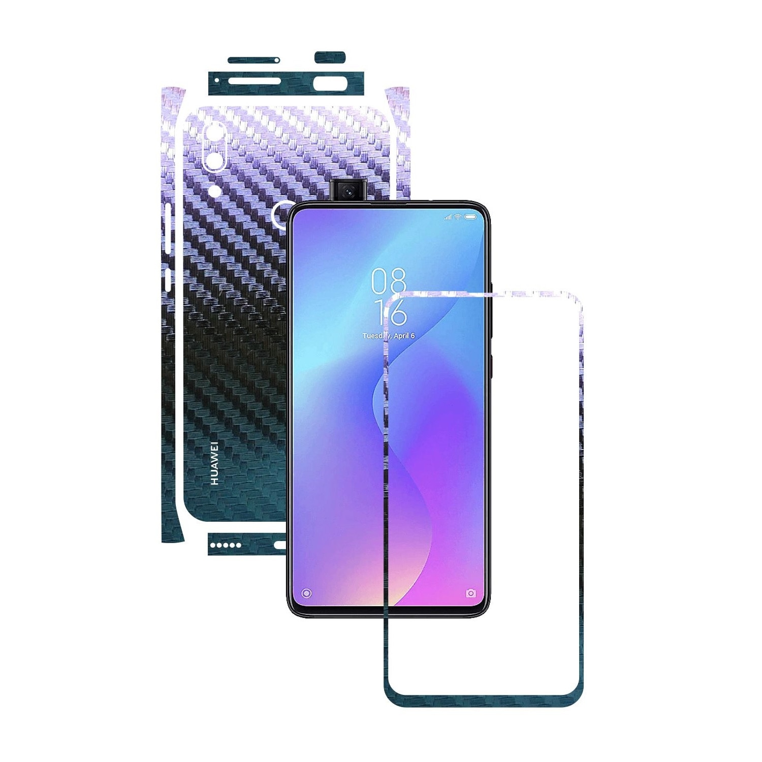Folie Protectie Carbon Skinz pentru Huawei P Smart Z - Carbon Cameleon Split Cut, Skin Adeziv Full Body Cover pentru Rama Ecran, Carcasa Spate si Laterale