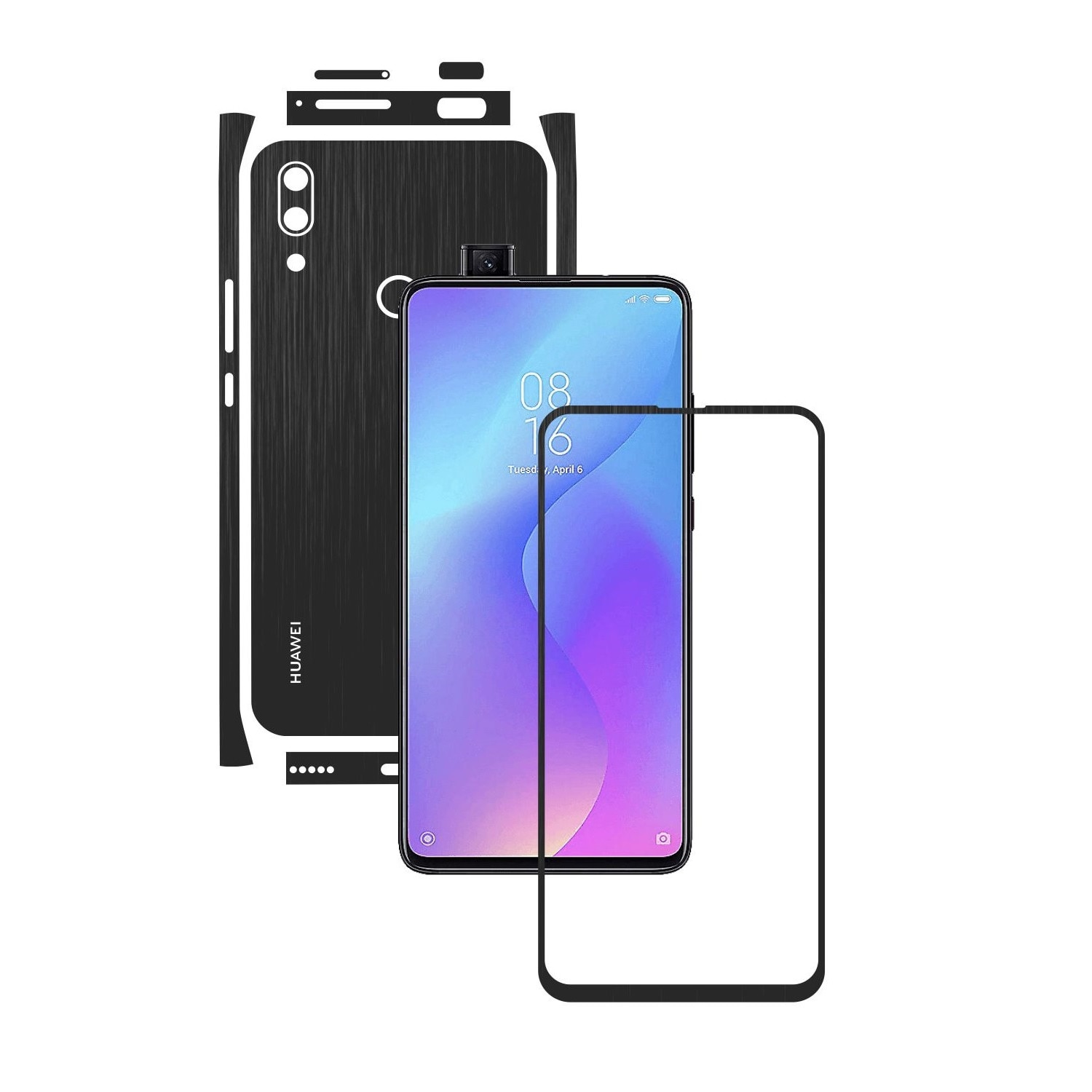 Folie Protectie Carbon Skinz pentru Huawei P Smart Z - Brushed Negru Split Cut, Skin Adeziv Full Body Cover pentru Rama Ecran, Carcasa Spate si Laterale