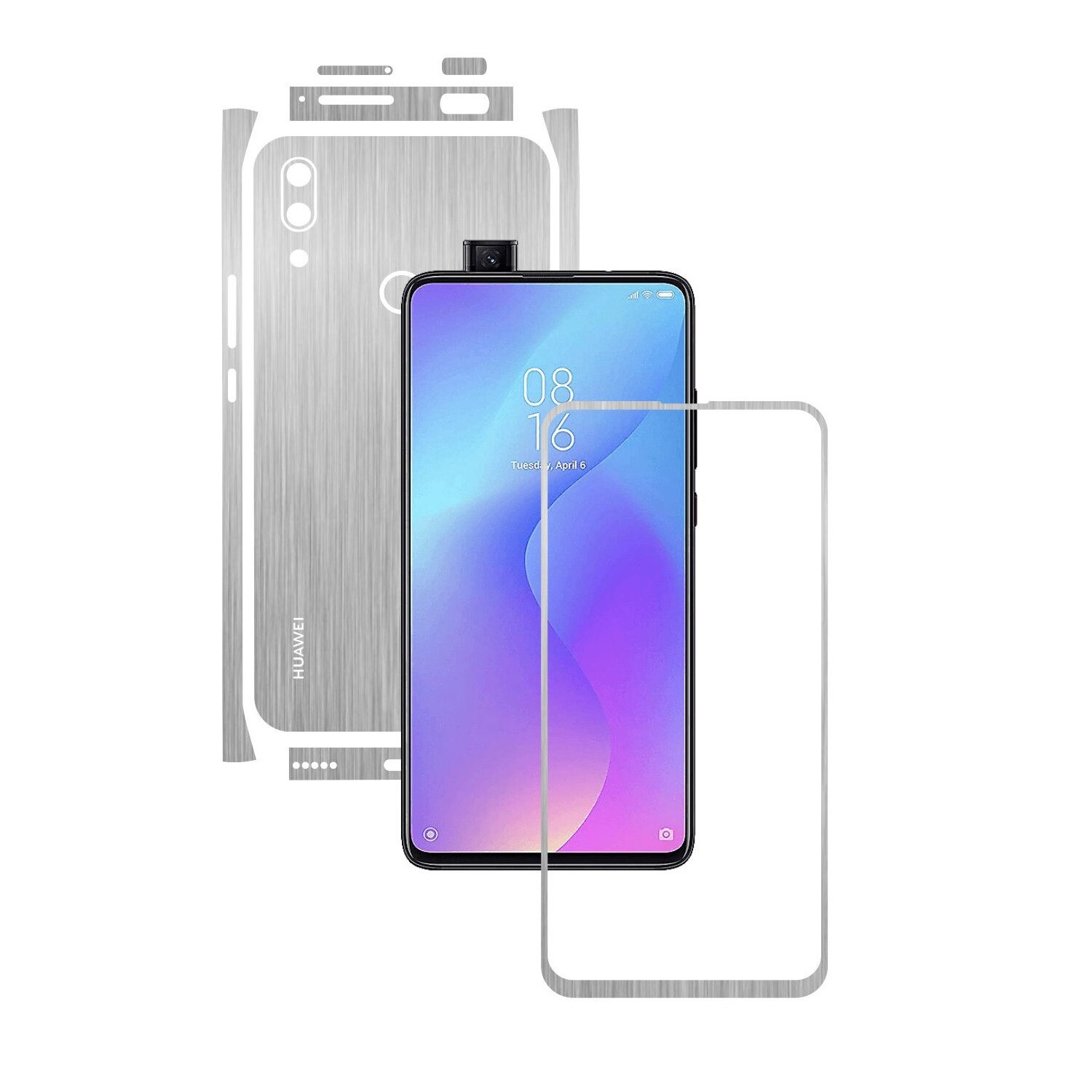 Folie Protectie Carbon Skinz pentru Huawei P Smart Z - Brushed Argintiu Split Cut, Skin Adeziv Full Body Cover pentru Rama Ecran, Carcasa Spate si Laterale