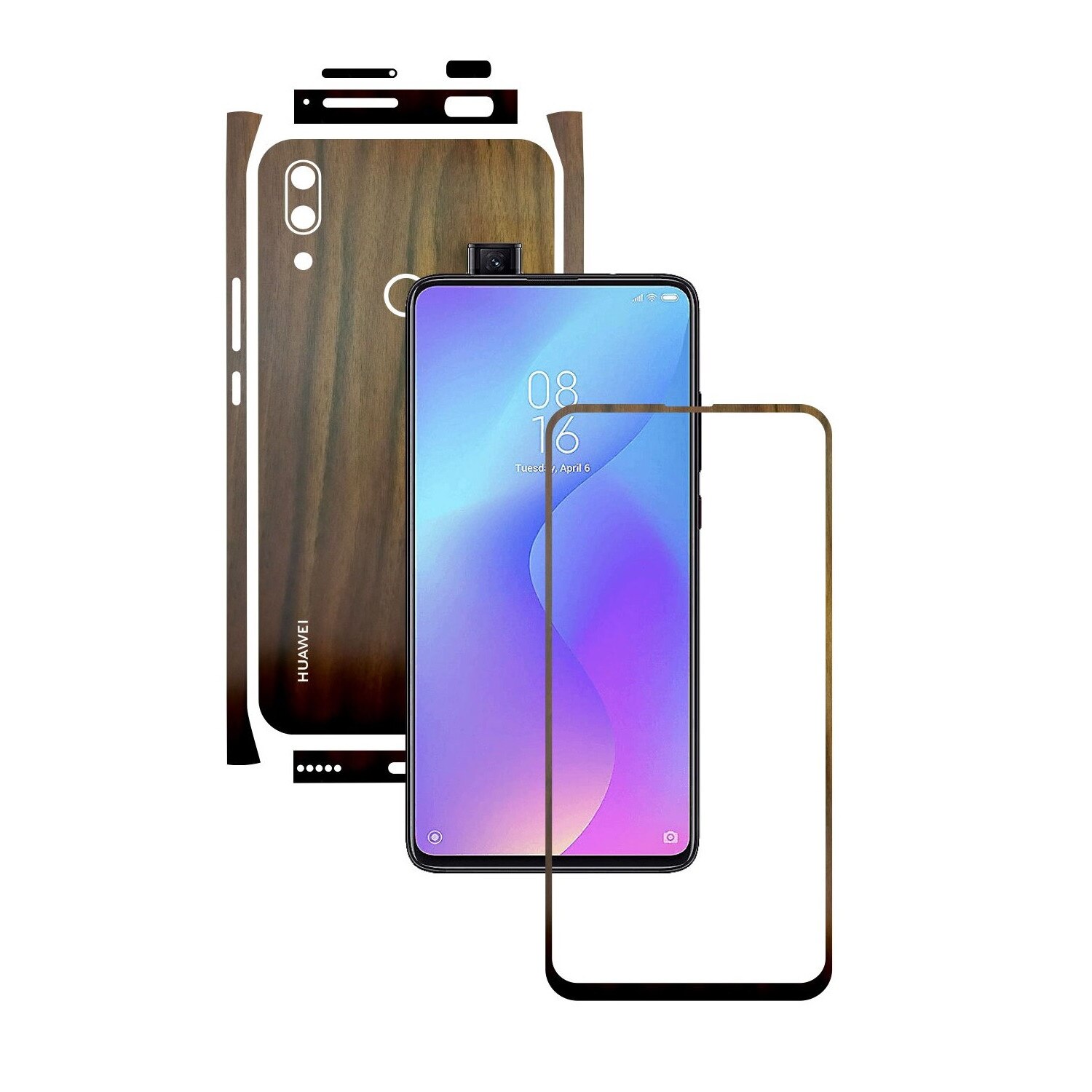 Folie Protectie Carbon Skinz pentru Huawei P Smart Z - Lemn Nuc Split Cut, Skin Adeziv Full Body Cover pentru Rama Ecran, Carcasa Spate si Laterale