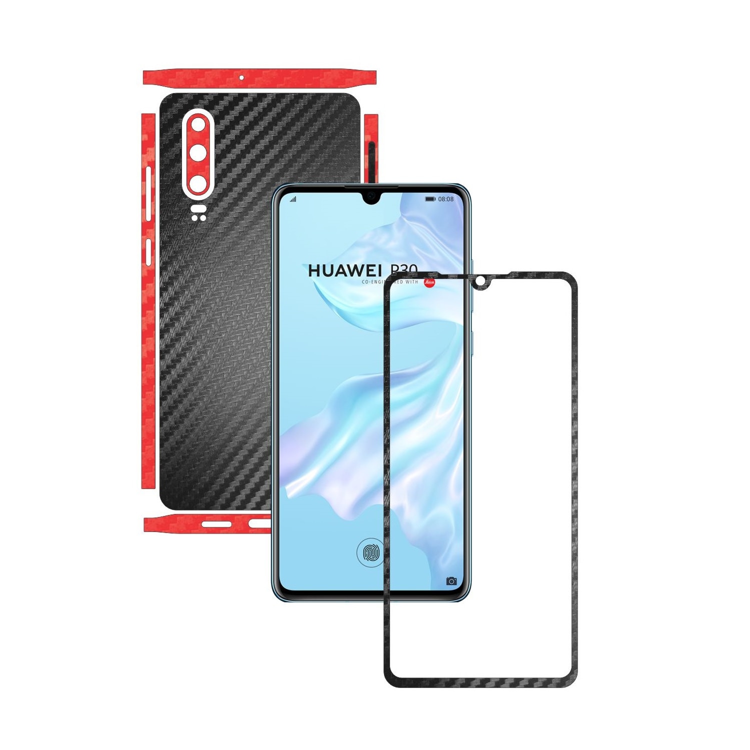 Folie Protectie Carbon Skinz pentru Huawei P30 - Carbon Two Tone Negru / Rosu, Skin Adeziv Full Body Cover pentru Rama Ecran, Carcasa Spate si Laterale