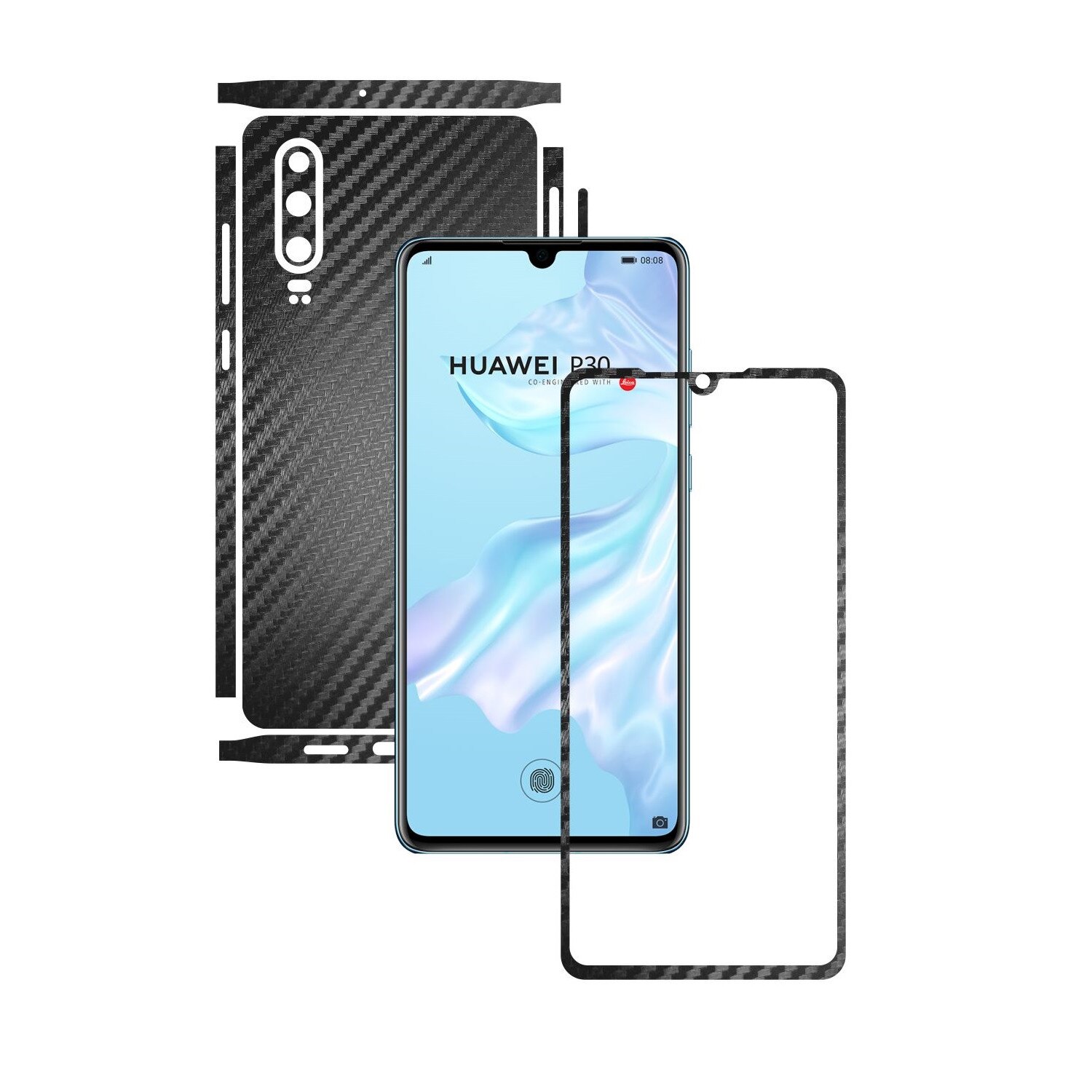 Folie Protectie Carbon Skinz pentru Huawei P30 - Carbon Negru Split Cut, Skin Adeziv Full Body Cover pentru Rama Ecran, Carcasa Spate si Laterale