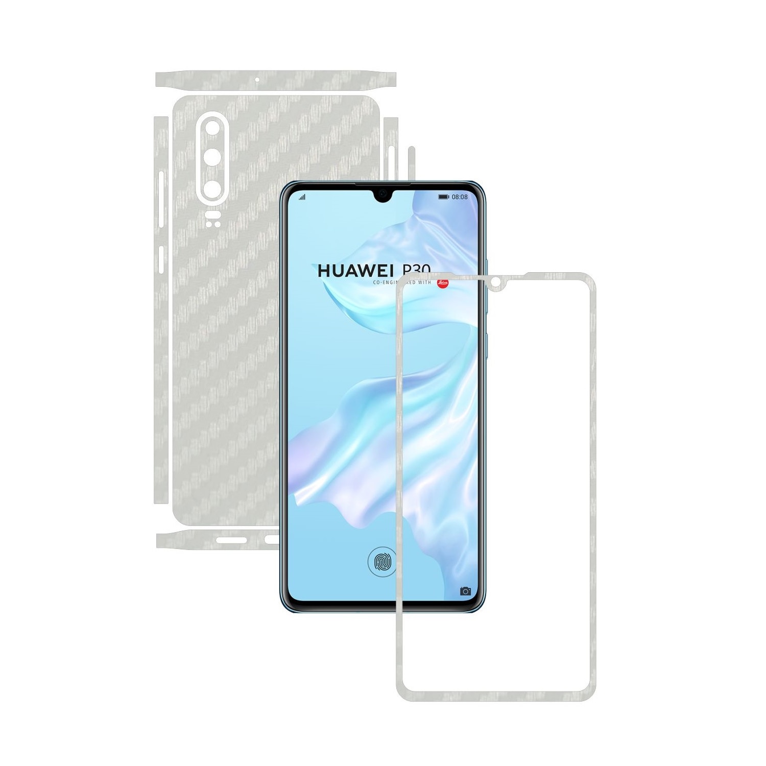 Folie Protectie Carbon Skinz pentru Huawei P30 - Carbon Alb Split Cut, Skin Adeziv Full Body Cover pentru Rama Ecran, Carcasa Spate si Laterale