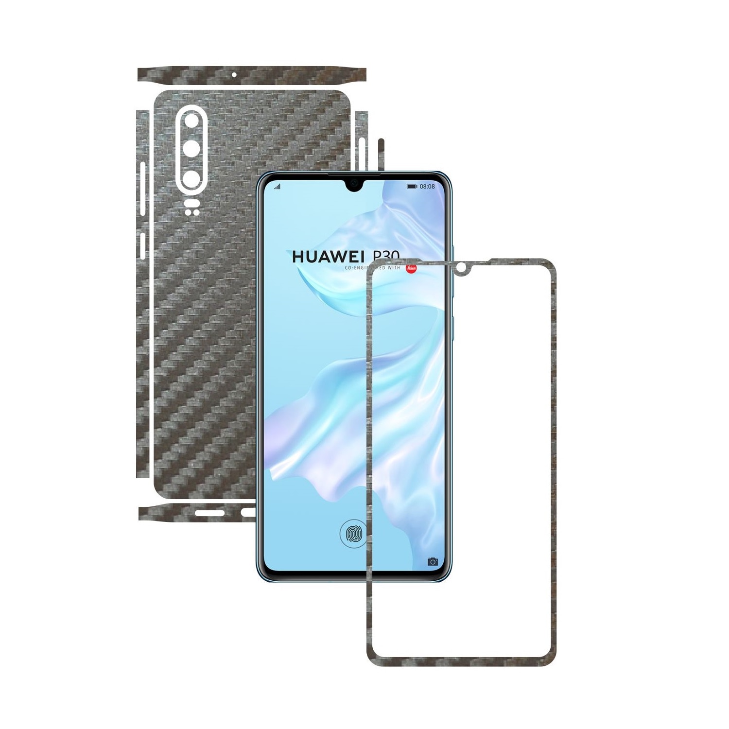 Folie Protectie Carbon Skinz pentru Huawei P30 - Carbon Gri Argintiu Split Cut, Skin Adeziv Full Body Cover pentru Rama Ecran, Carcasa Spate si Laterale