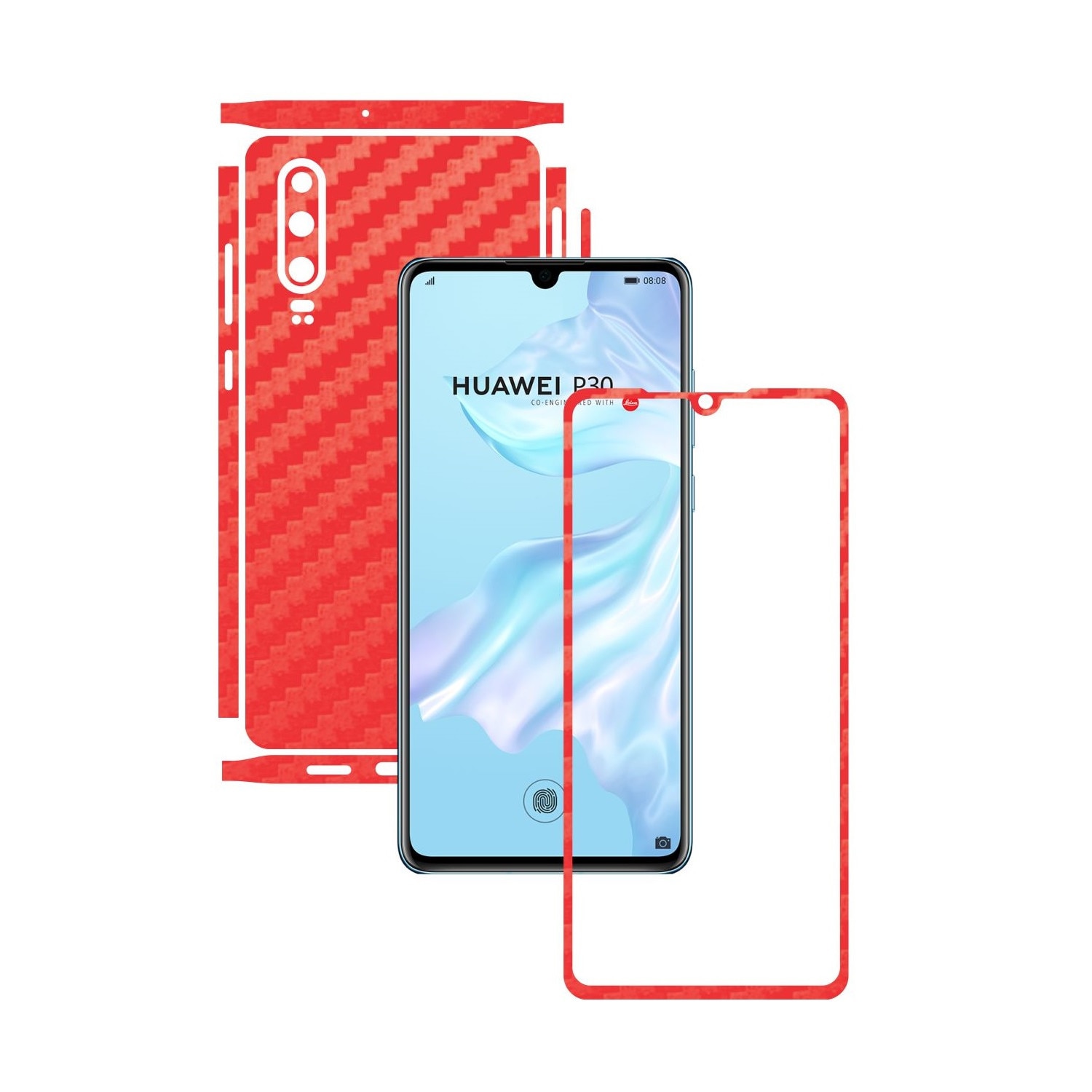 Folie Protectie Carbon Skinz pentru Huawei P30 - Carbon Rosu Split Cut, Skin Adeziv Full Body Cover pentru Rama Ecran, Carcasa Spate si Laterale