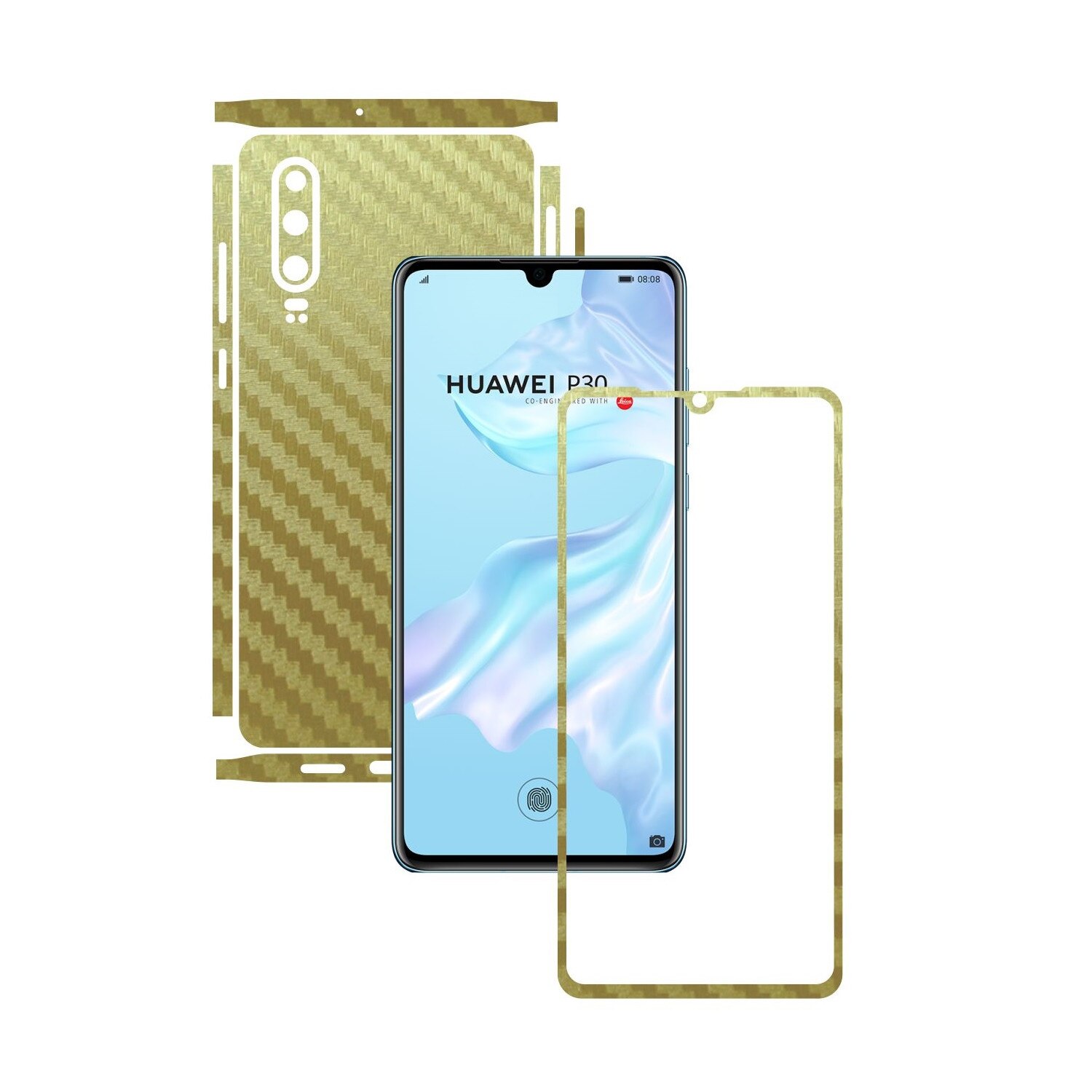 Folie Protectie Carbon Skinz pentru Huawei P30 - Carbon Auriu Split Cut, Skin Adeziv Full Body Cover pentru Rama Ecran, Carcasa Spate si Laterale