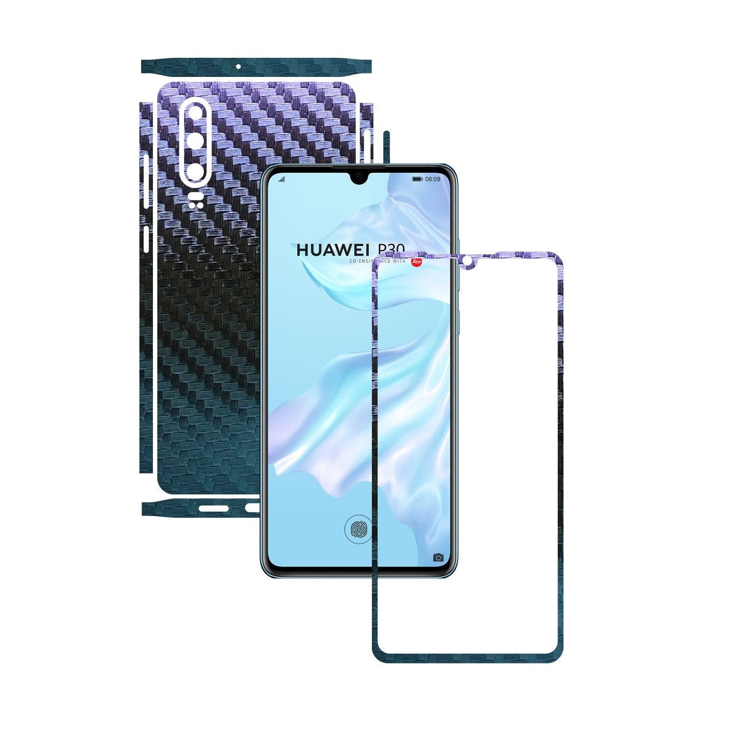 Folie Protectie Carbon Skinz pentru Huawei P30 - Carbon Cameleon Split Cut, Skin Adeziv Full Body Cover pentru Rama Ecran, Carcasa Spate si Laterale