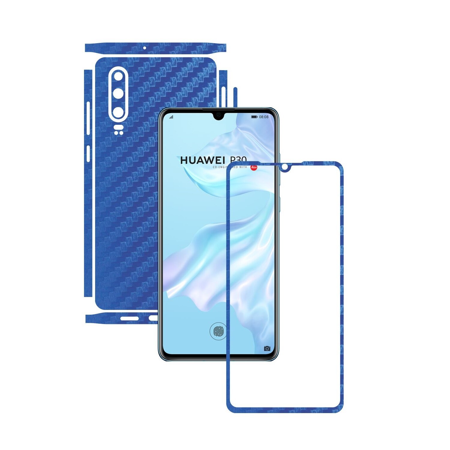 Folie Protectie Carbon Skinz pentru Huawei P30 - Carbon Albastru Split Cut, Skin Adeziv Full Body Cover pentru Rama Ecran, Carcasa Spate si Laterale